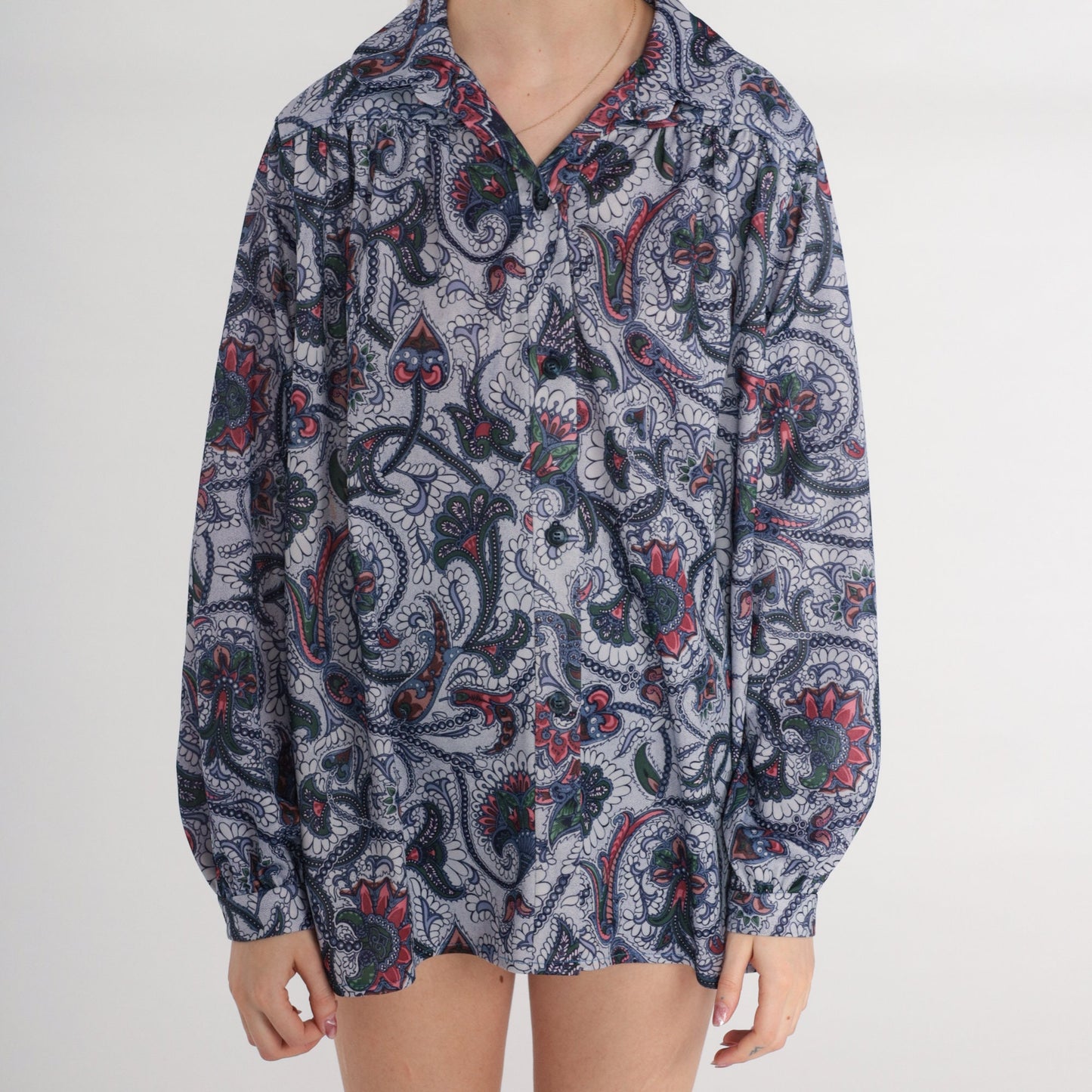 70s Indian Floral Print Button-Up Blouse Long Sleeve Pleated Yoke Medium