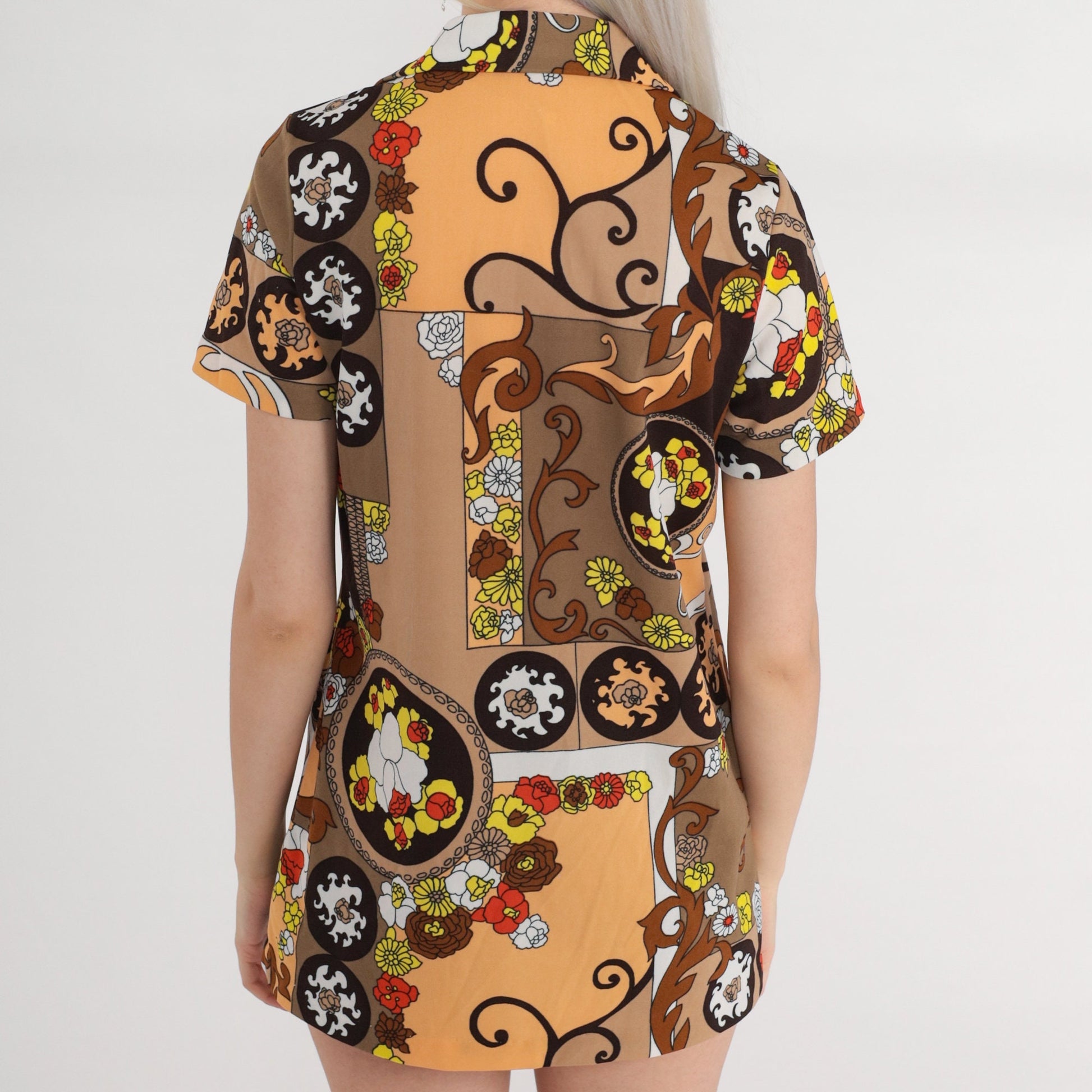 70s Floral Print Button-Up Shirt Brown Tonal Collar Short Sleeve Small