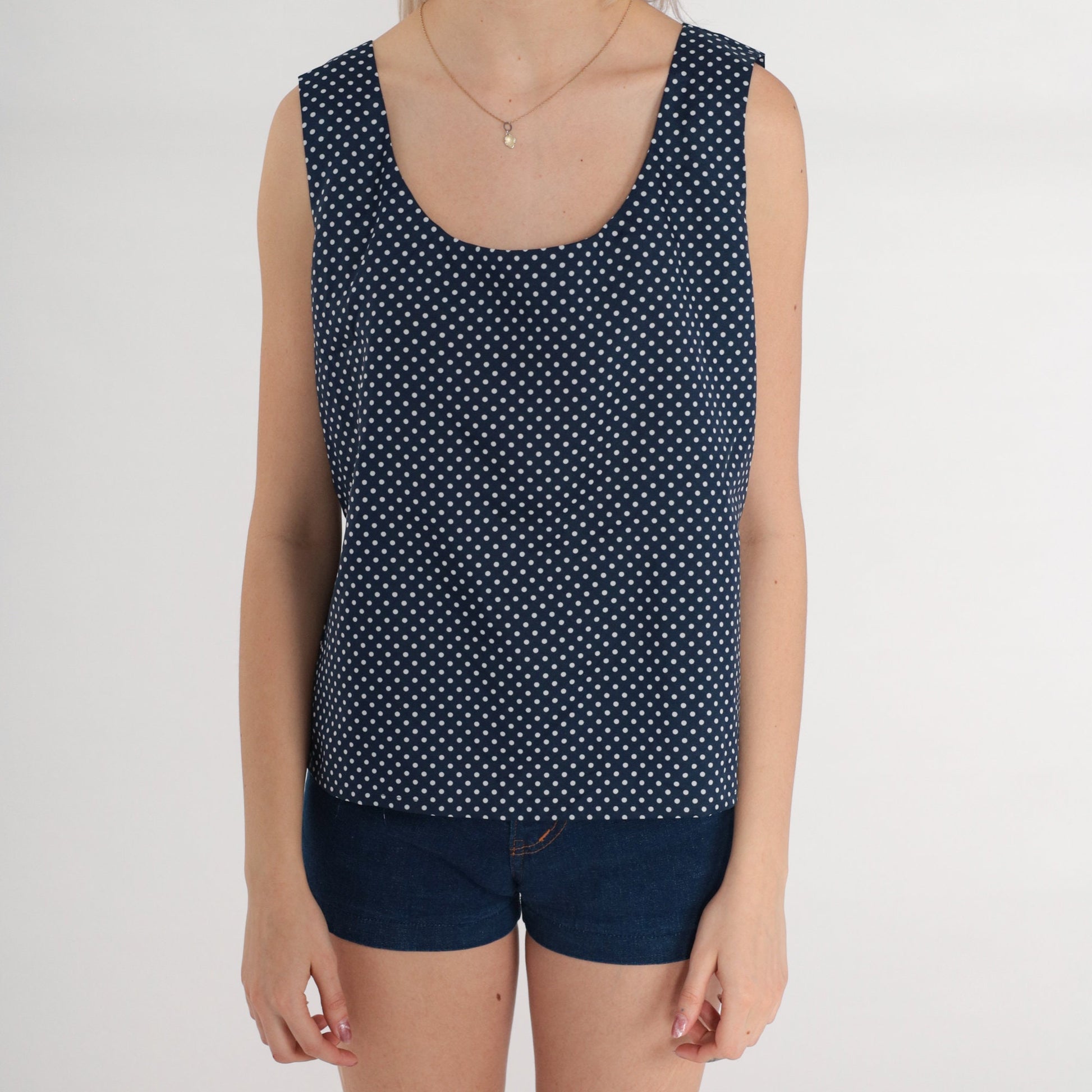 70s Navy Polka Dot Tank Top White Sleeveless Blouse Button Back Small