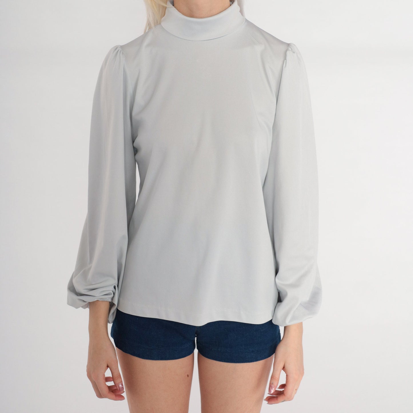 70s Cement Grey Mock Neck Puff Sleeve Blouse Small S