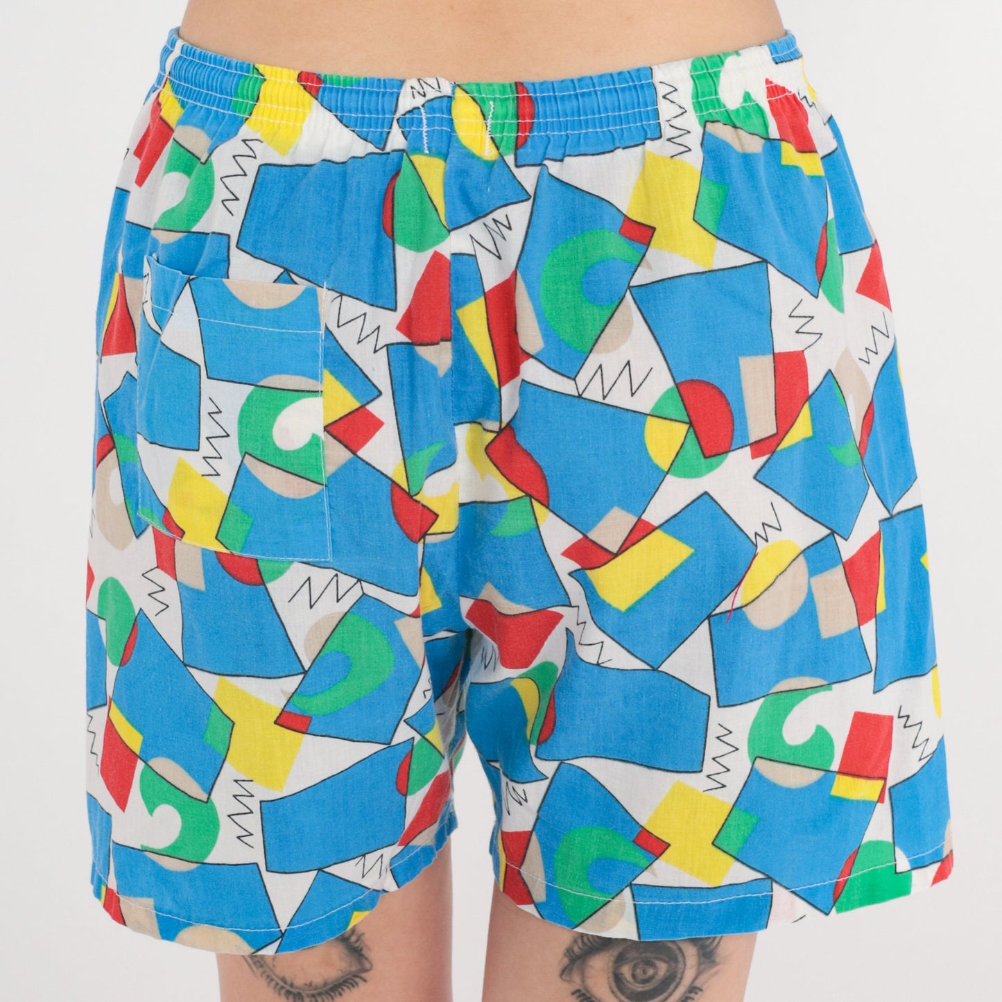 90s Geometric Shorts Bright Blue High Waist Drawstring Cotton Medium Large