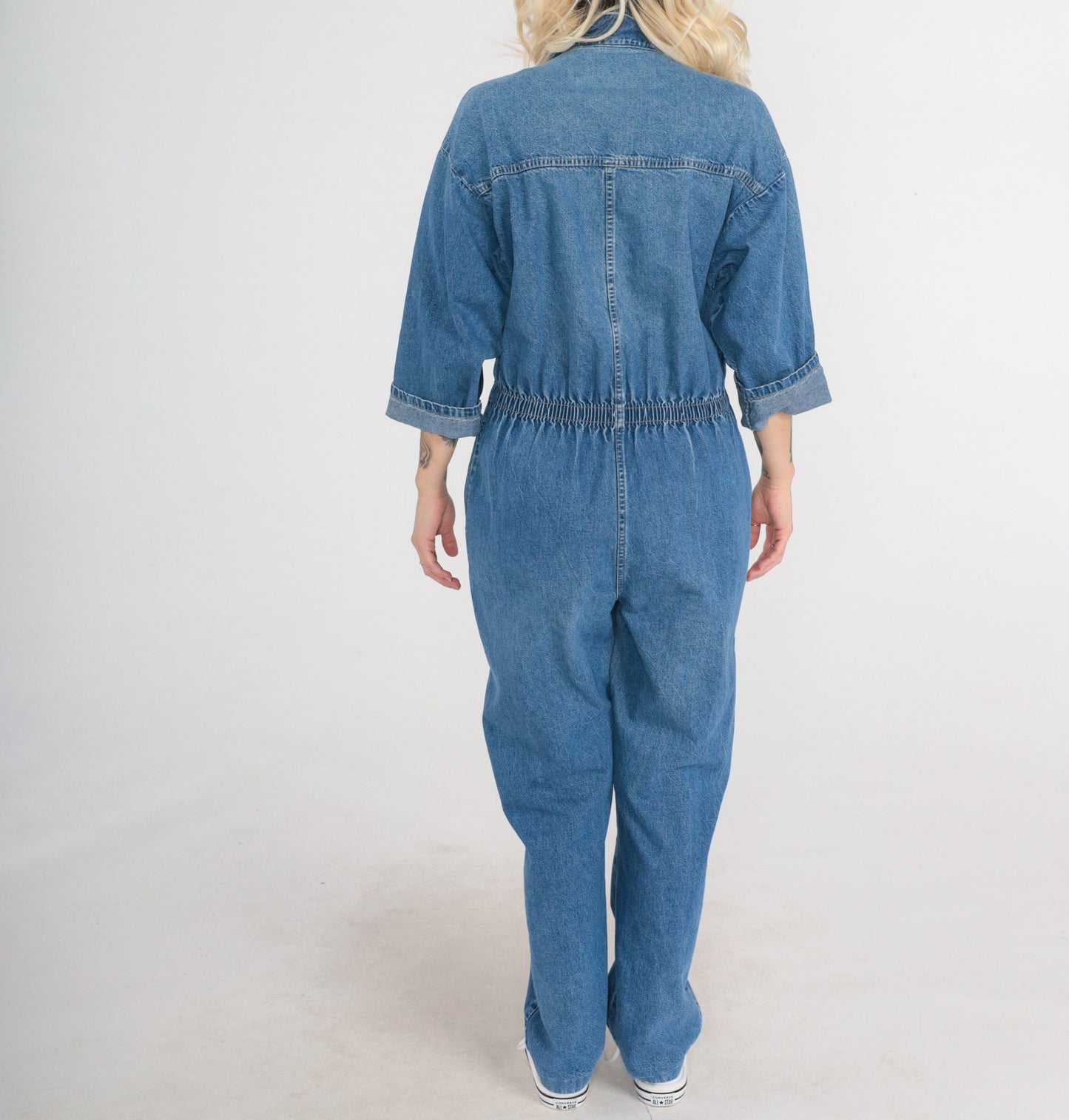 90s Ideas Denim Jumpsuit Blue Snap Chest 3/4 Sleeve Medium