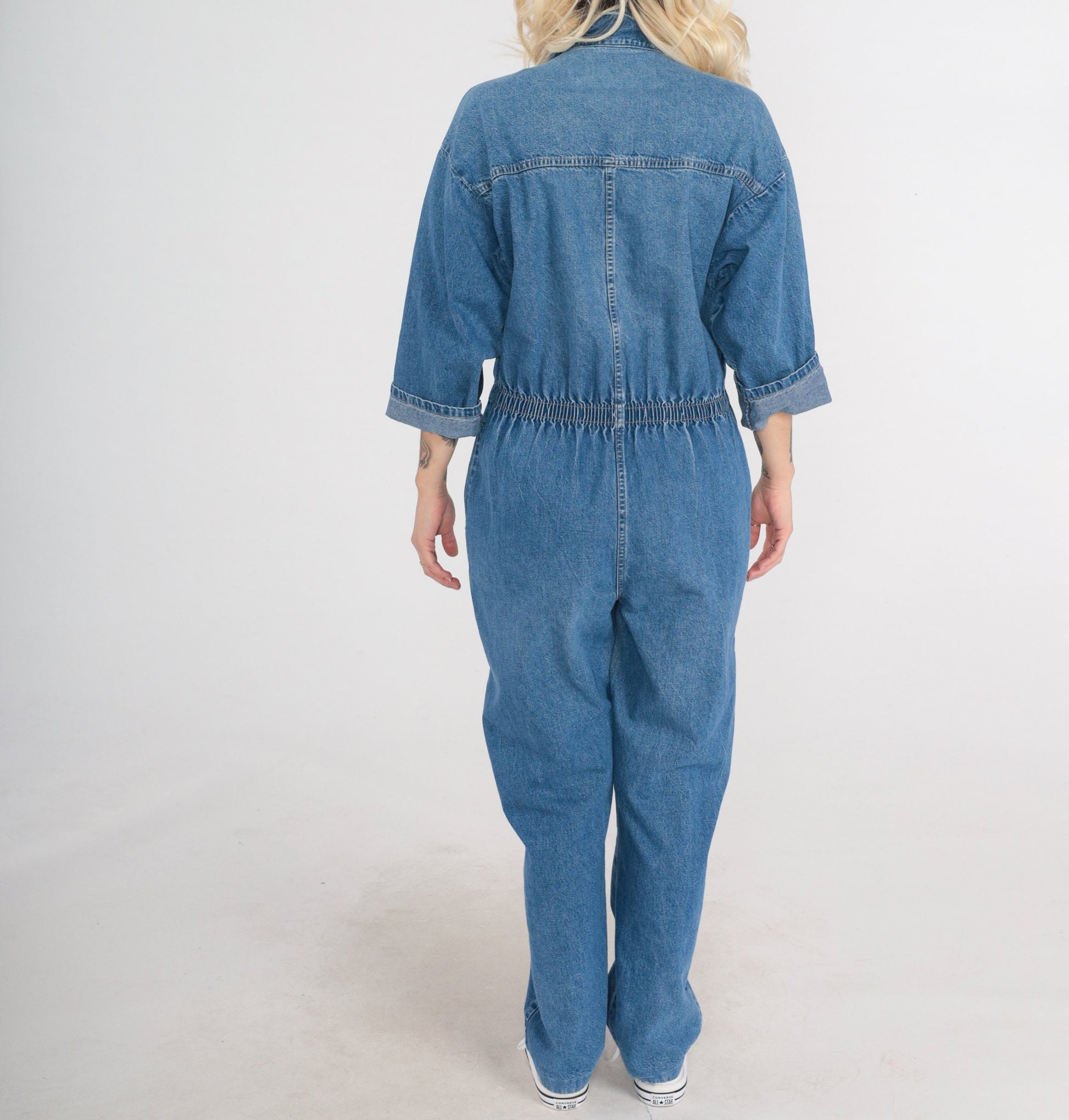 90s Ideas Denim Jumpsuit Blue Snap Chest 3/4 Sleeve Medium