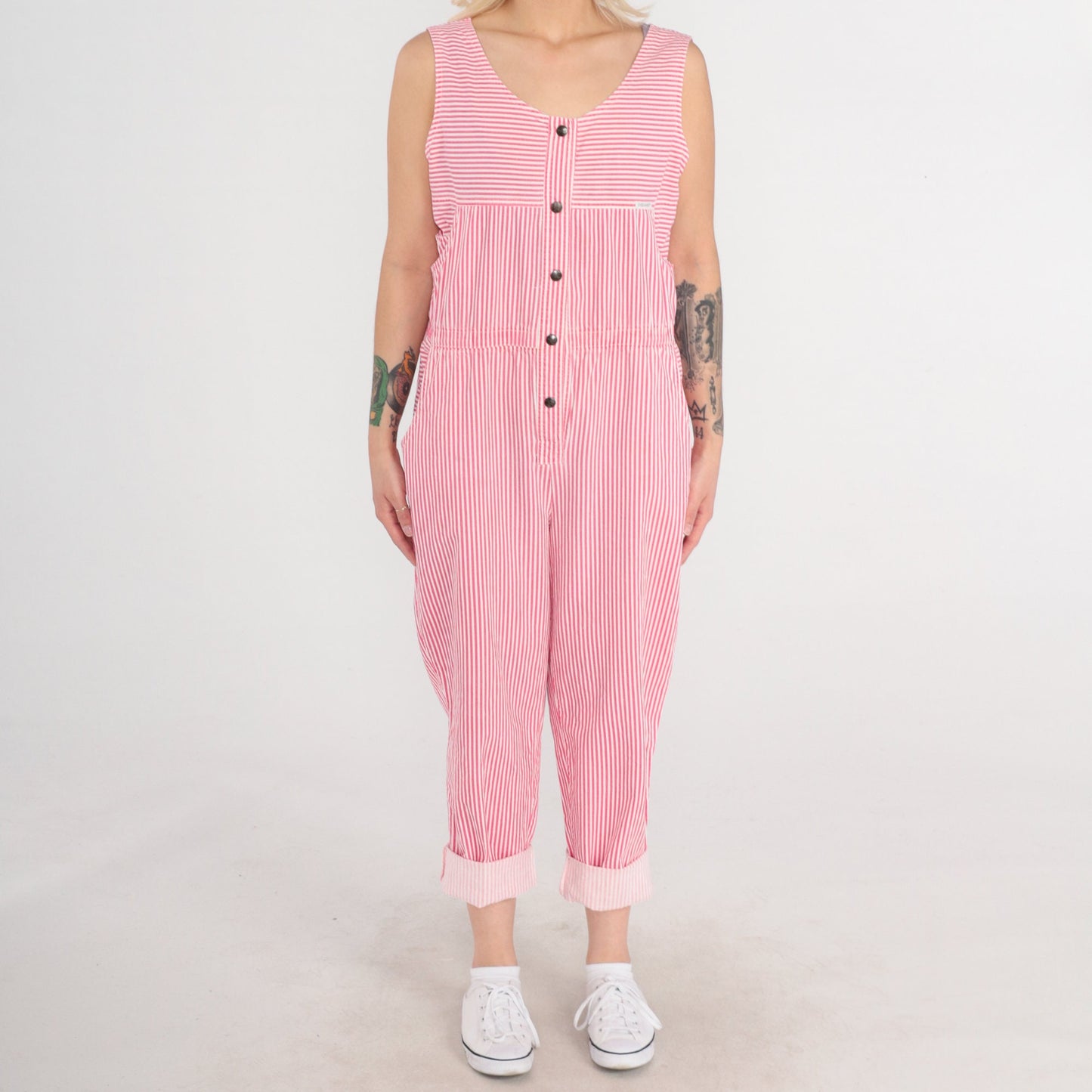 90s Dreams Striped Jumpsuit Pink White Snap Front Sleeveless Medium