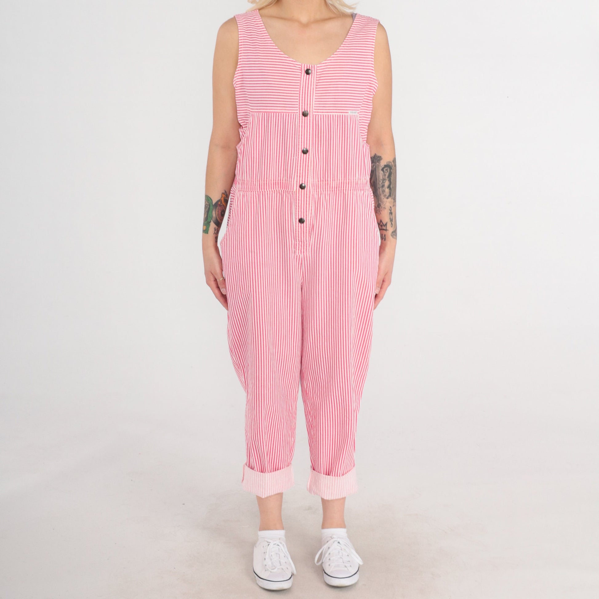 90s Dreams Striped Jumpsuit Pink White Snap Front Sleeveless Medium