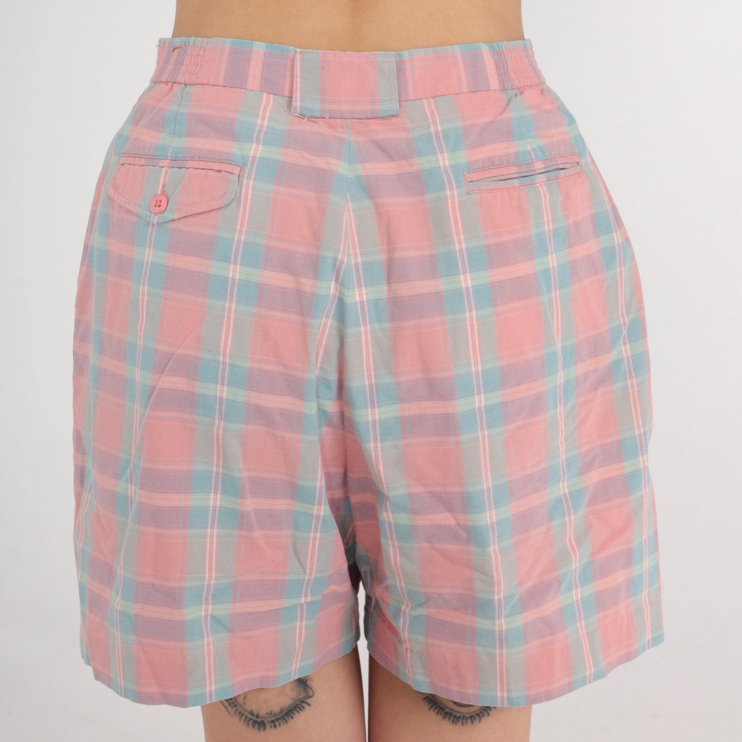 90s Izod Club Pink Plaid Pleated High-Waist Shorts Medium