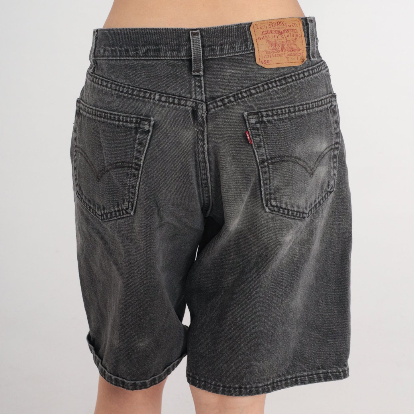 90s Levi's 550 Black Denim Shorts High Rise Knee Length 33