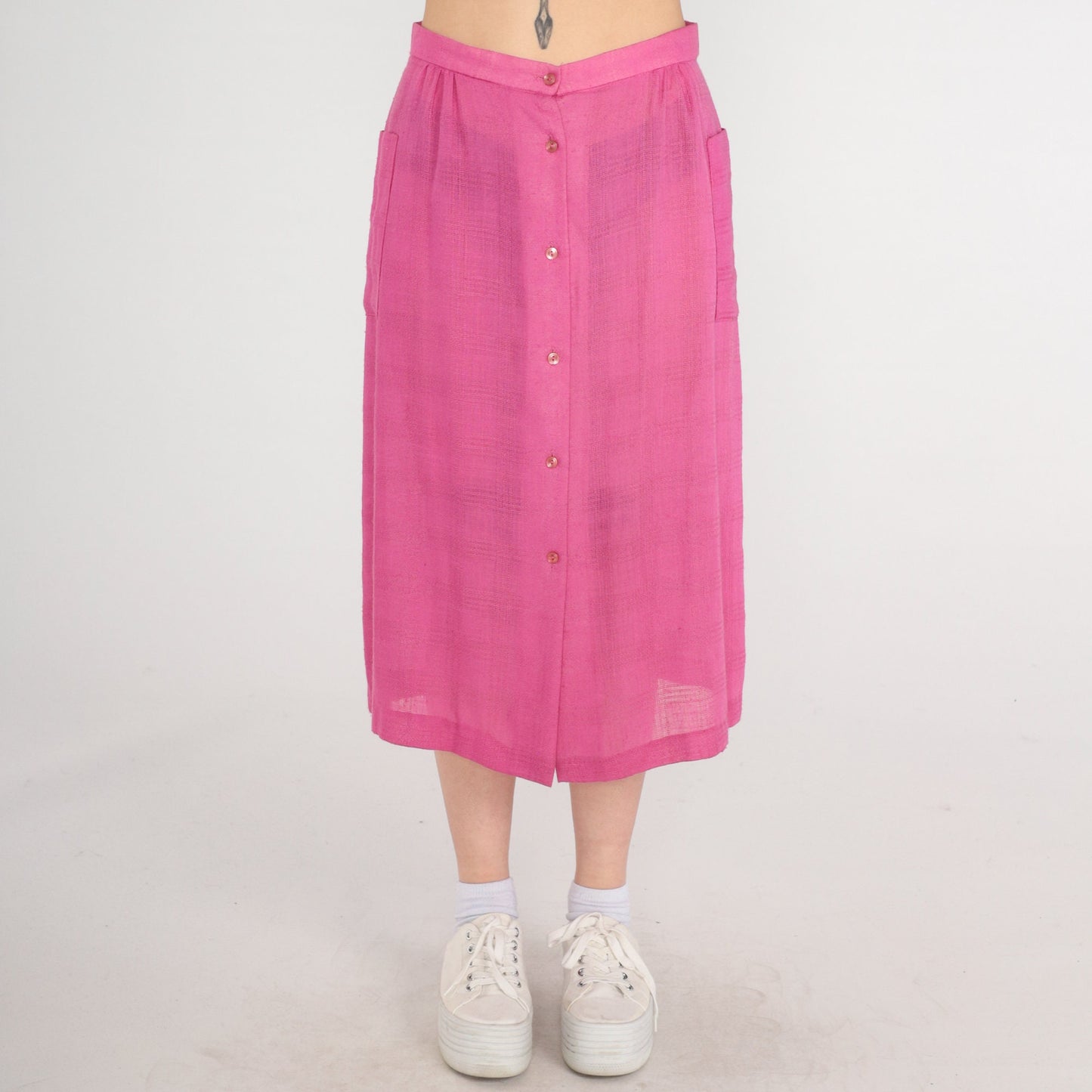 80s Pink Button-Up Midi Skirt High Waist Sheer Medium