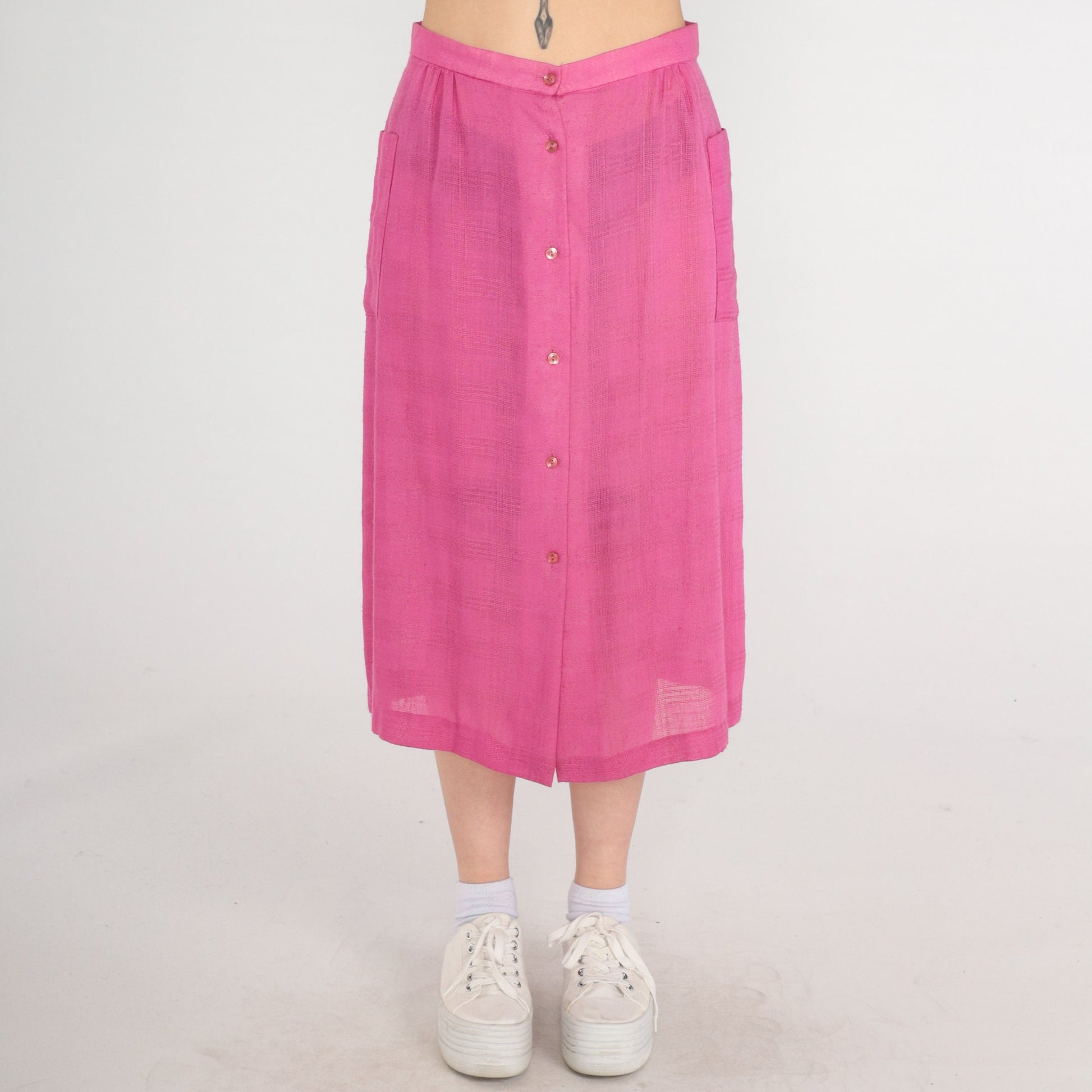 80s Pink Button-Up Midi Skirt High Waist Sheer Medium