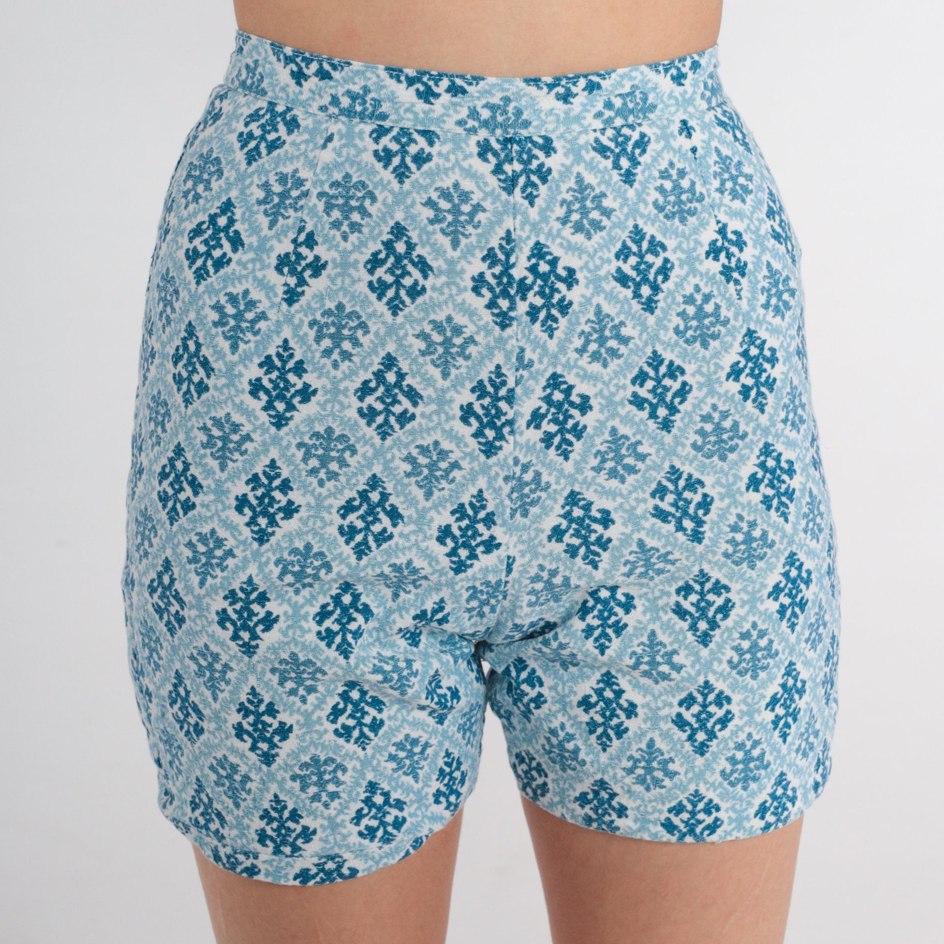 60s Blue Tapestry Print High-Waist Shorts Geometric XXS