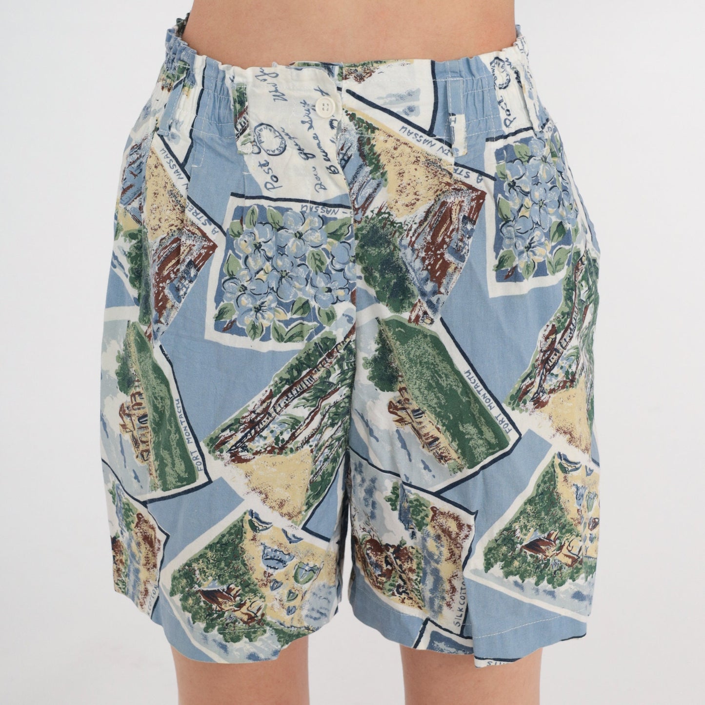 90s Bahamas Postcard Pleated High-Waist Shorts Blue Cotton Small