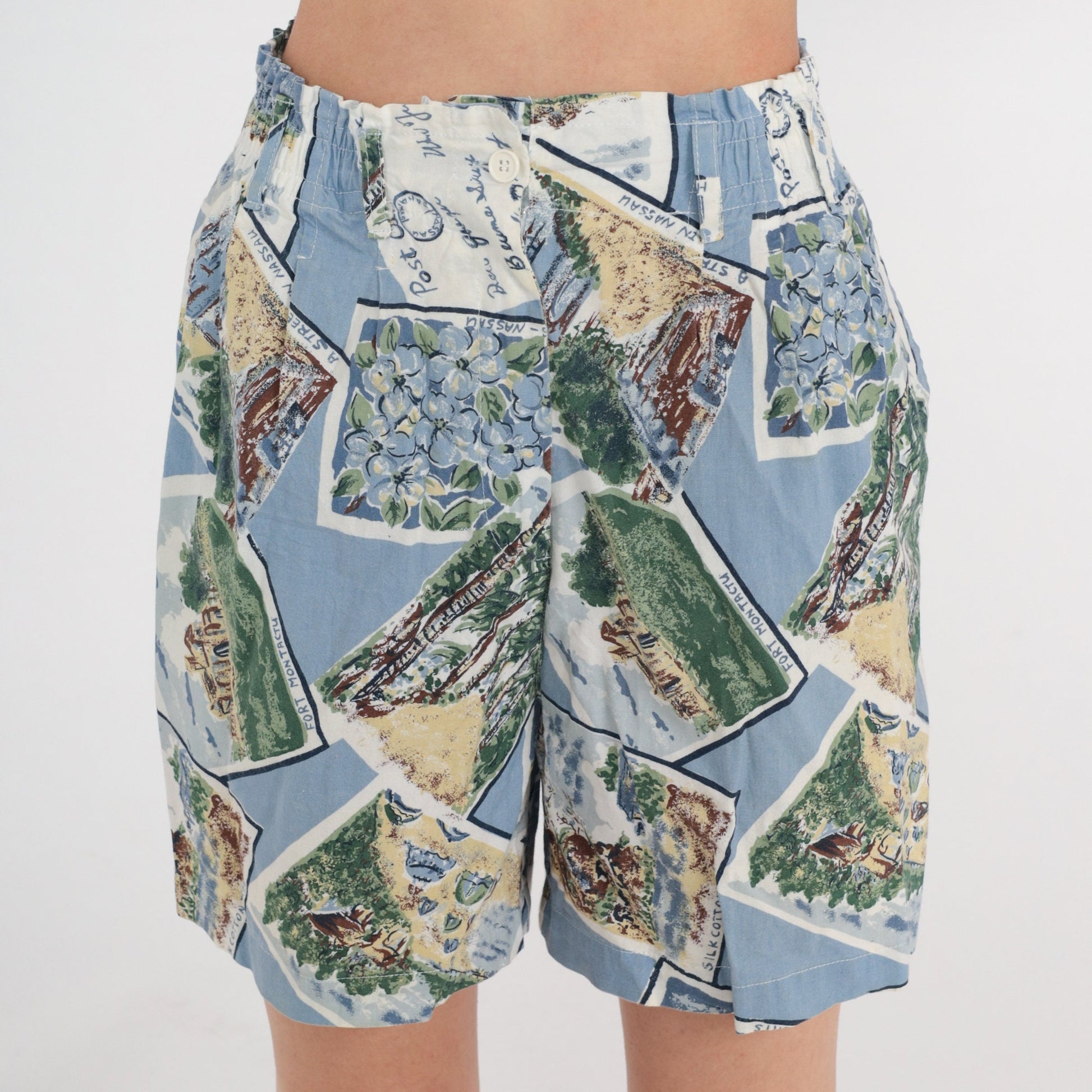 90s Bahamas Postcard Pleated High-Waist Shorts Blue Cotton Small
