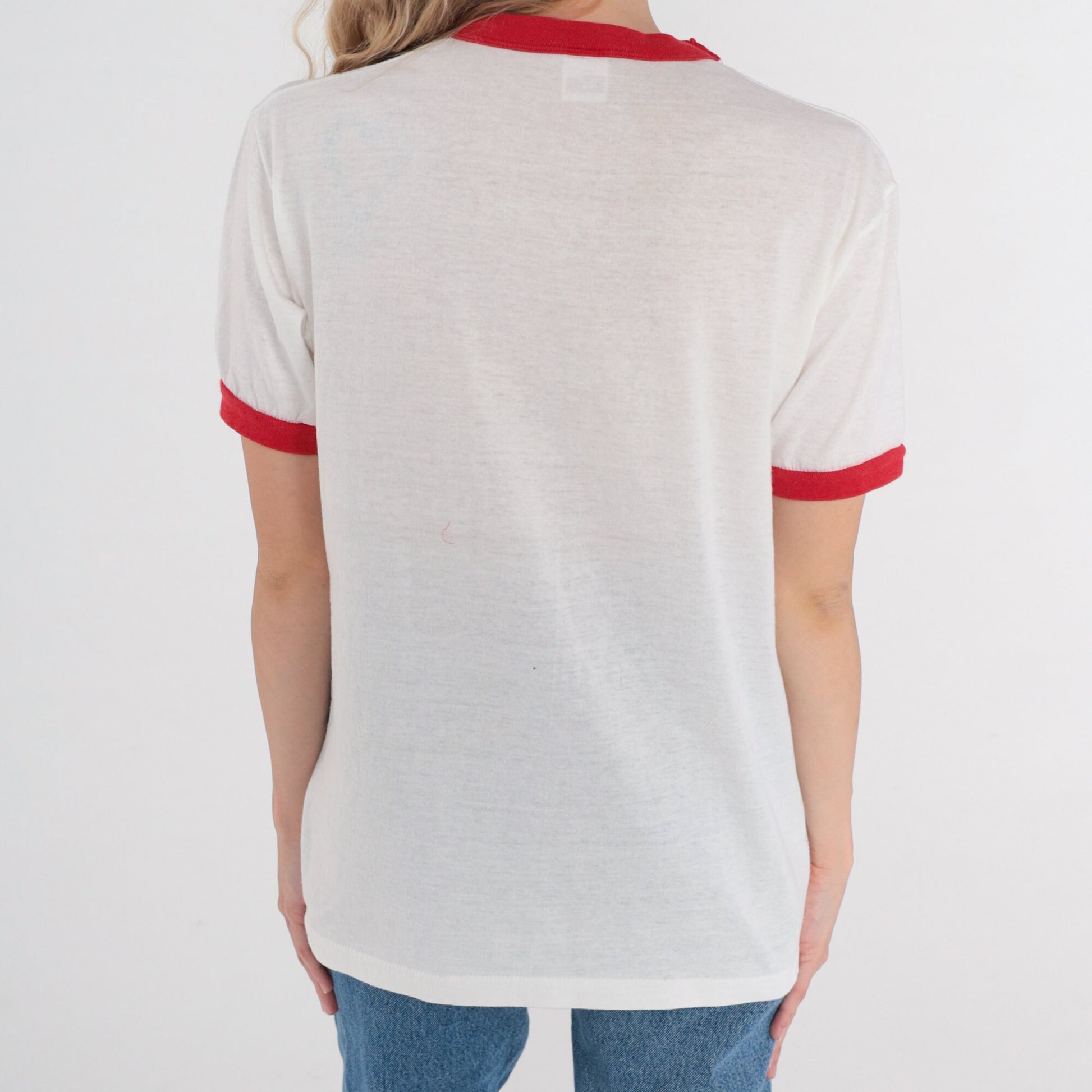 80s TR-50 Ringer Tee White Red Graphic T-Shirt Single Stitch Large L