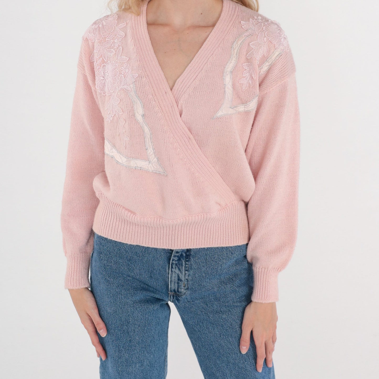 80s Pink Floral Knit Sweater V-Neck Faux Wrap Embroidered Medium M