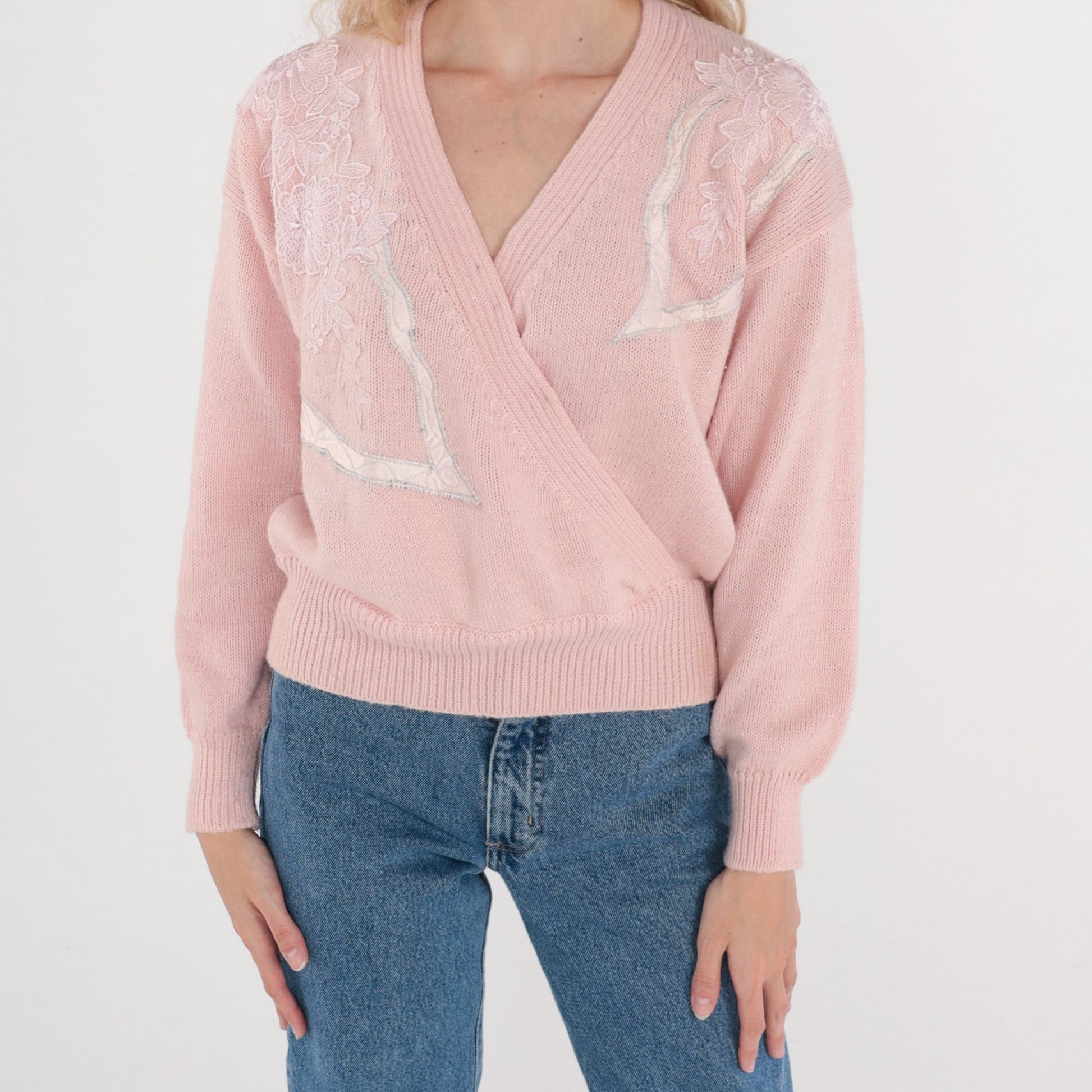 80s Pink Floral Knit Sweater V-Neck Faux Wrap Embroidered Medium M