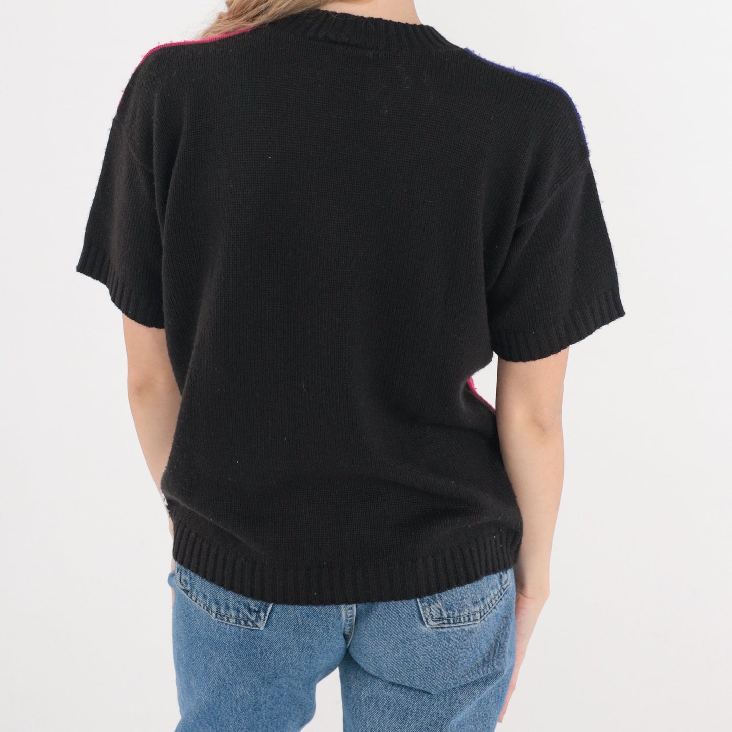 80s Mondrian Color Block Knit Top Short Sleeve Black Pink Purple Green Medium
