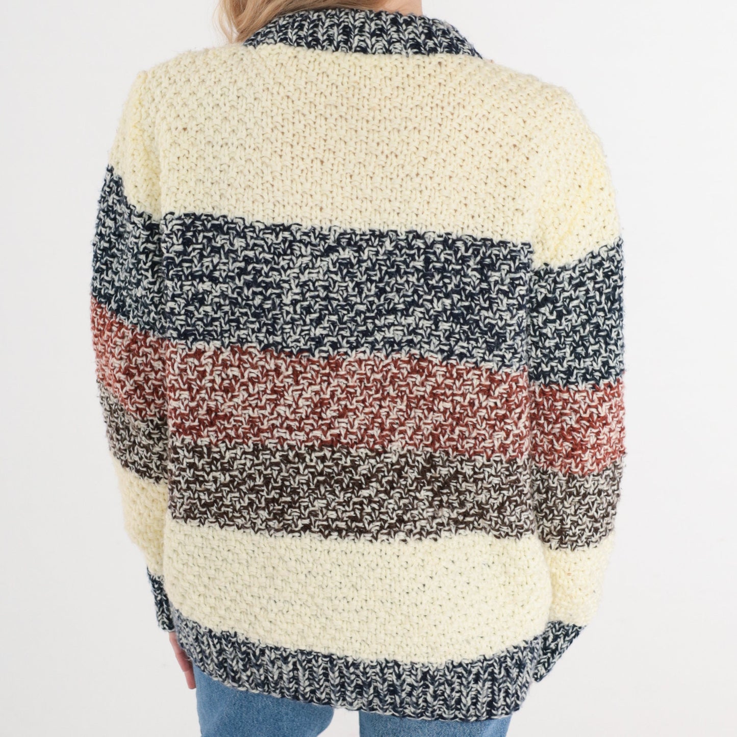 80s Alfie Cable Knit Striped Pullover Sweater Cream Blue Rust Small