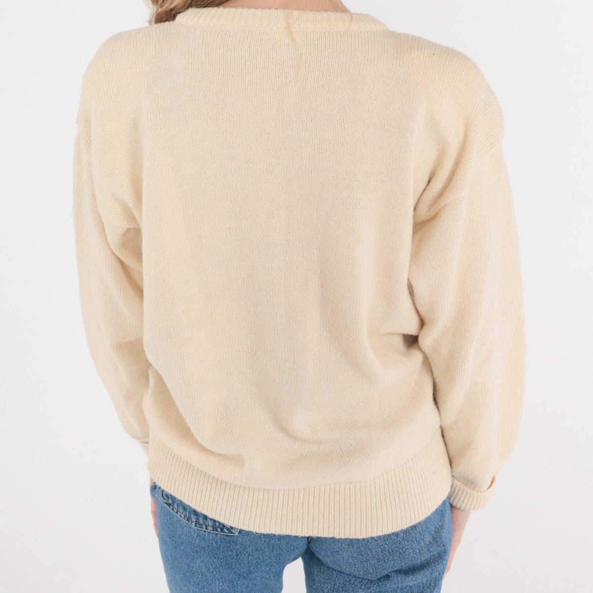 80s Cream Floral Beaded Knit Sweater Pearl Embroidered Pullover Medium