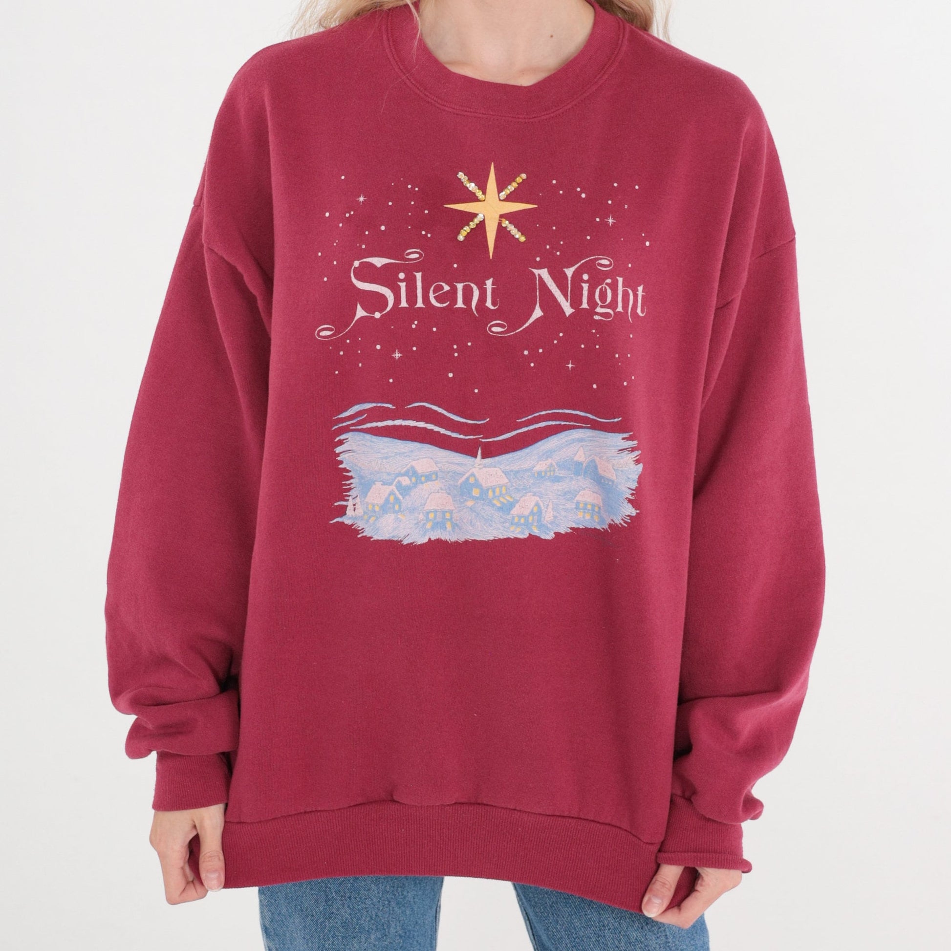 90s Jerzees Silent Night Christmas Sweatshirt Rhinestone Star Magenta XL