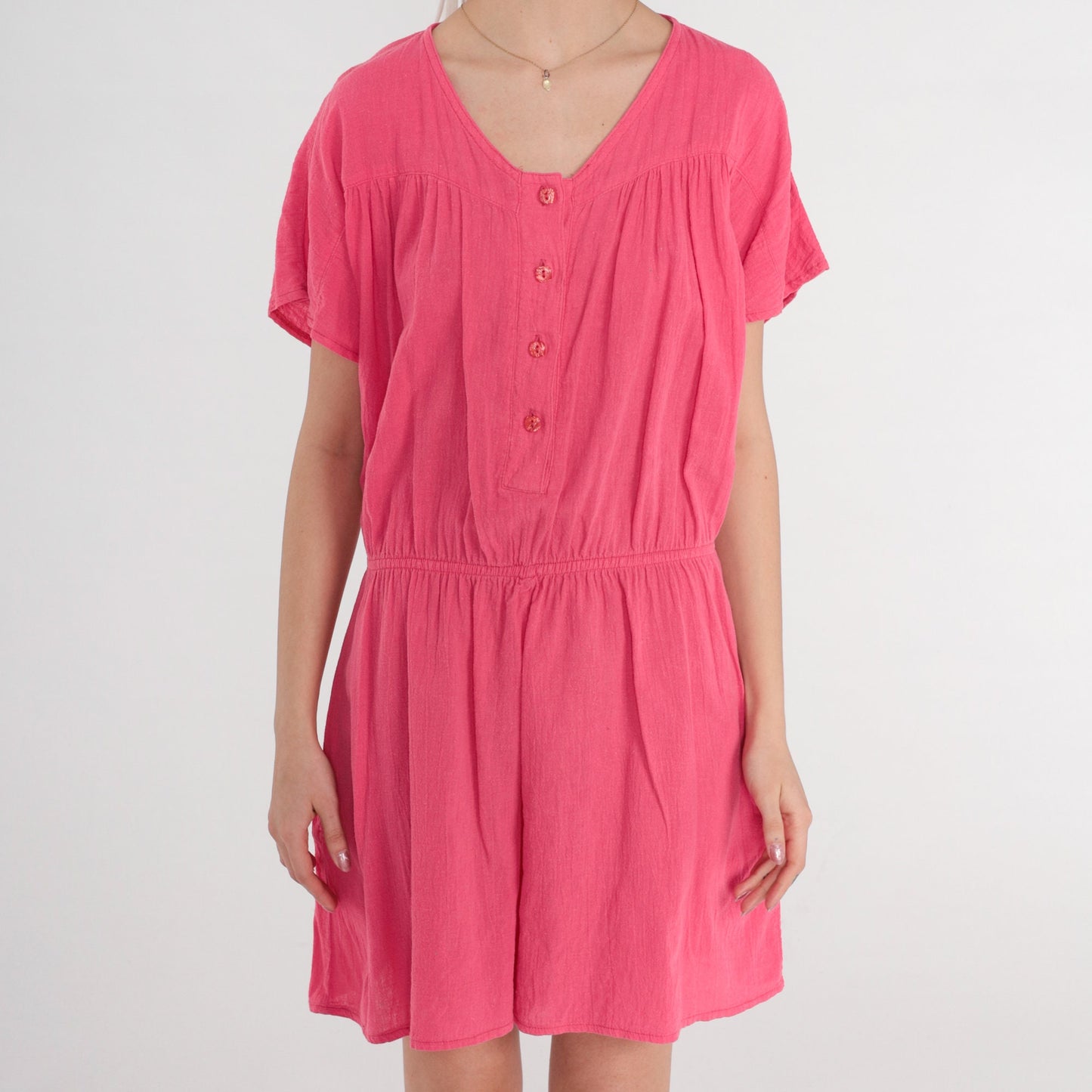 80s Pink Cotton Romper High Waisted Button Front Short Sleeve Small