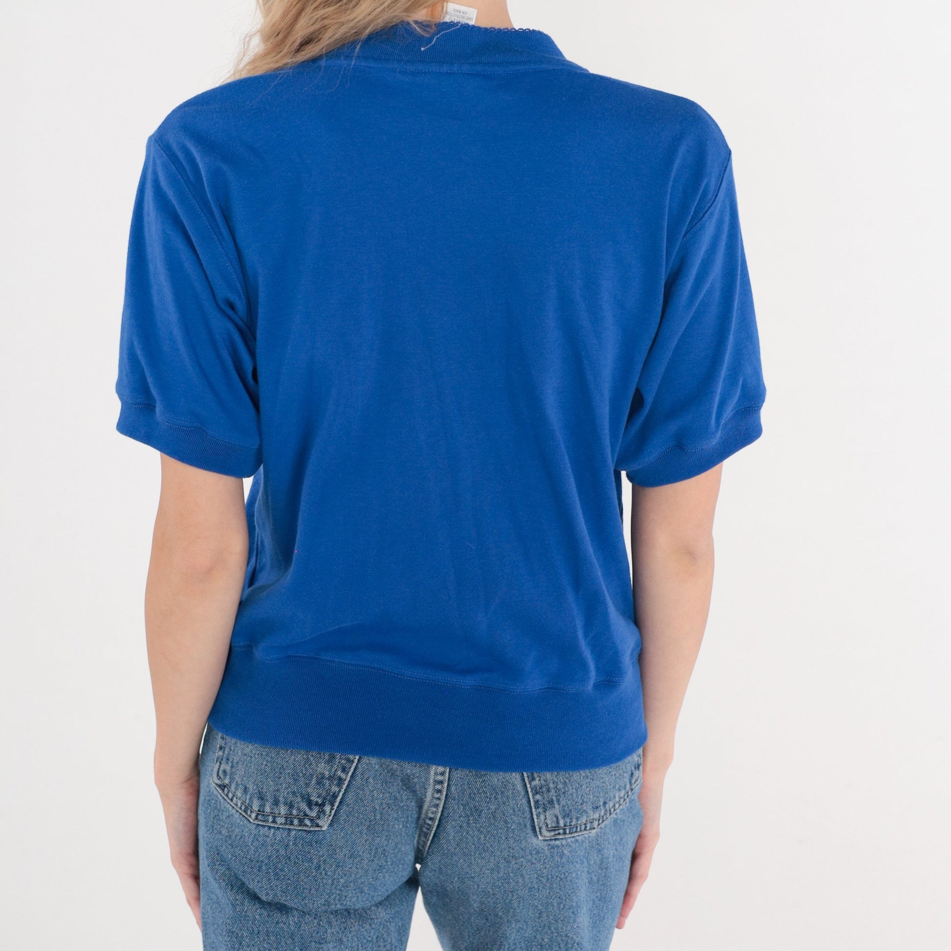 80s Royal Blue Henley Shirt Short Sleeve Banded Hem Small
