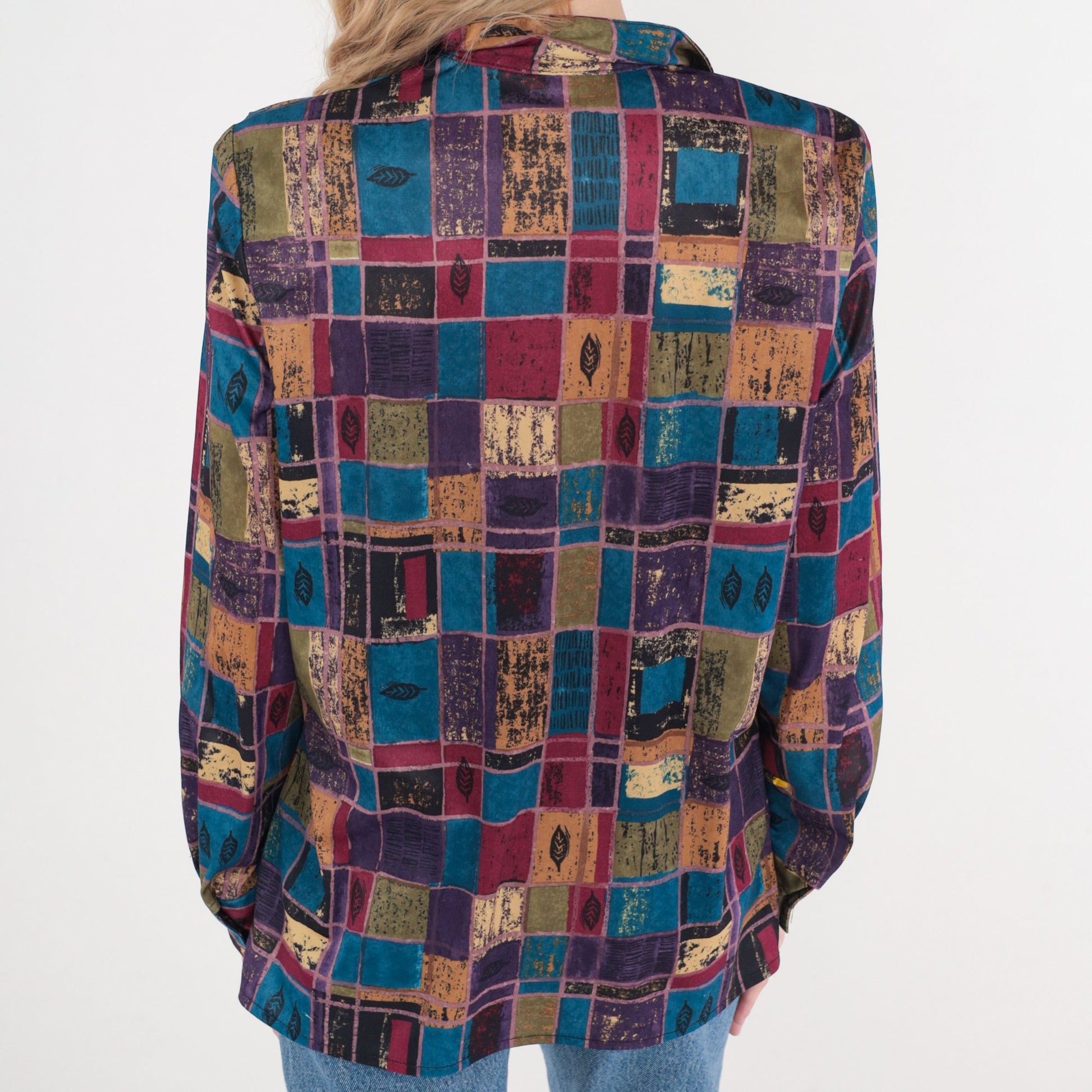 80s Multicolor Leaf Checkered Button-Up Blouse Long Sleeve Medium Large