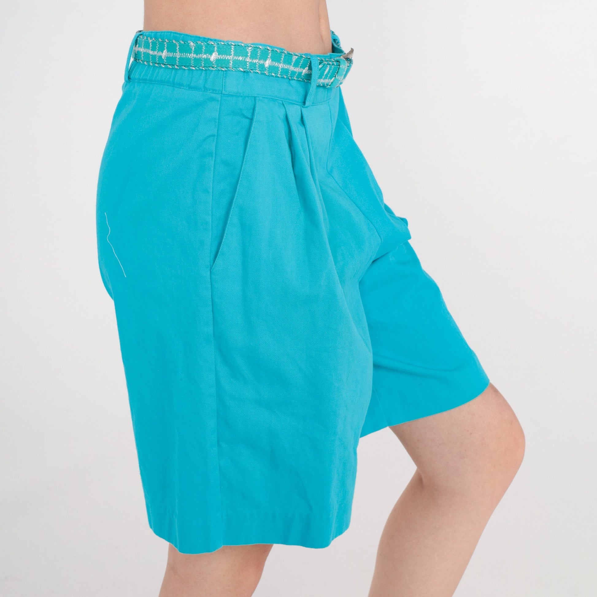 90s Turquoise Metallic Studded Pleated High-Waist Shorts Cotton Medium