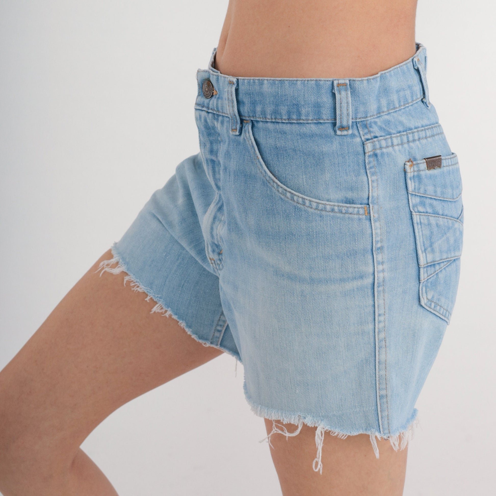 70s Levi's High Waisted Denim Cut Off Shorts Faded Blue Medium 8