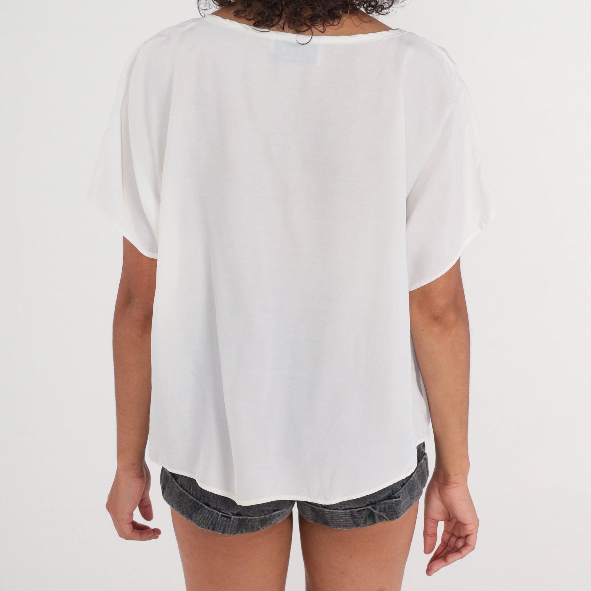90s White Floral Lace Appliqué Blouse Short Sleeve Top Extra Large XXL