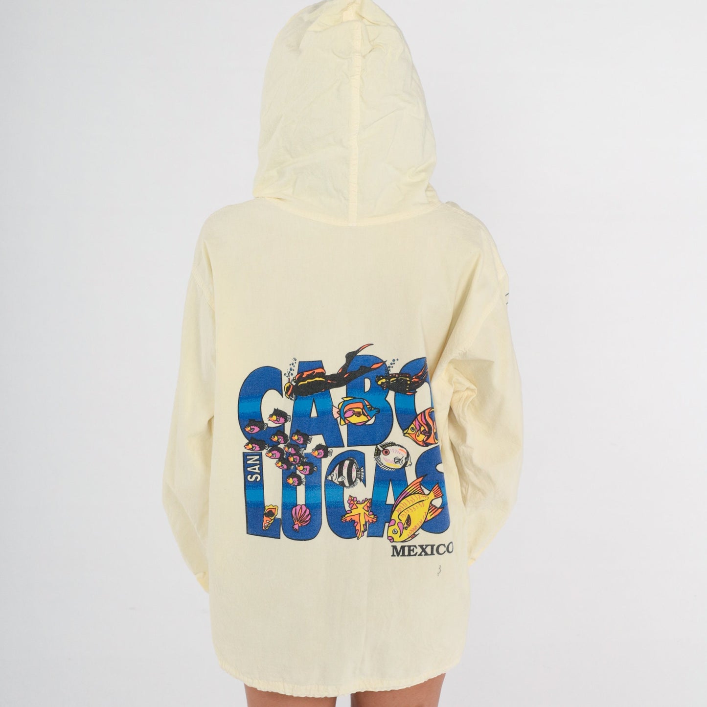 90s Cabo San Lucas Windbreaker Jacket Pale Yellow Hooded Cotton XL