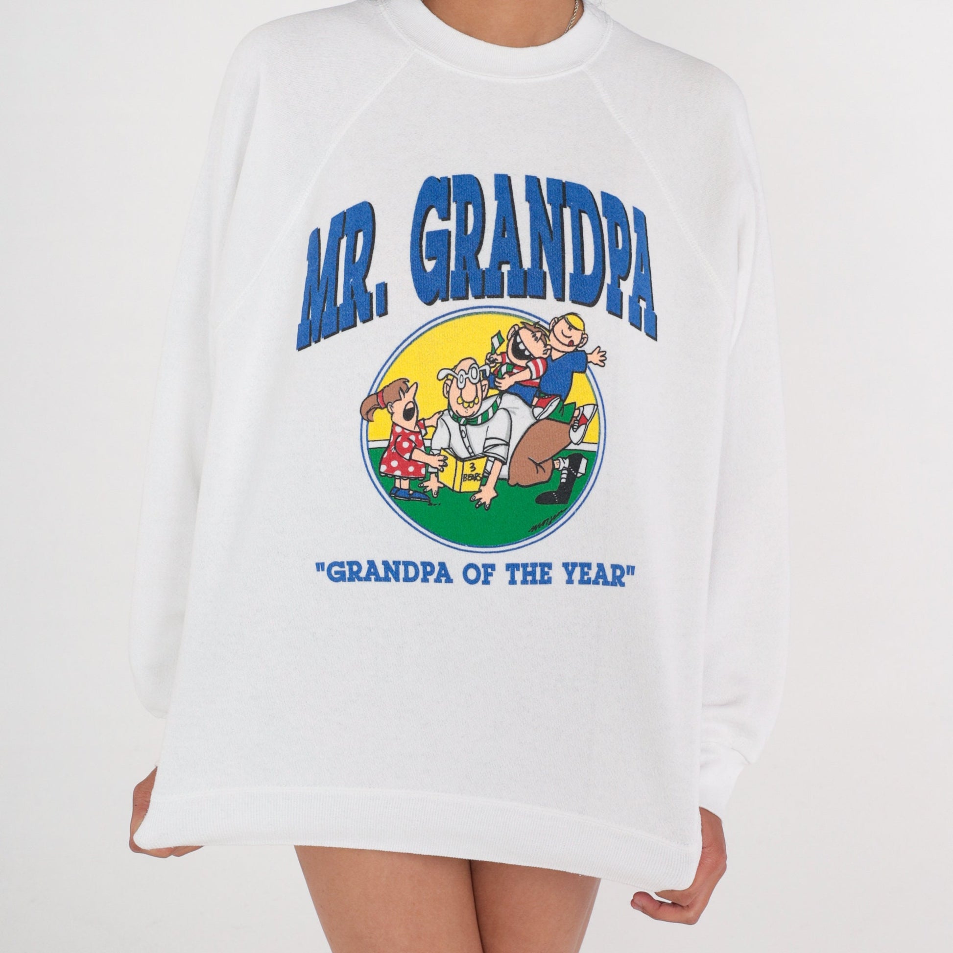 90s Mr. Grandpa of The Year Raglan Sweatshirt White Graphic Crewneck Large L