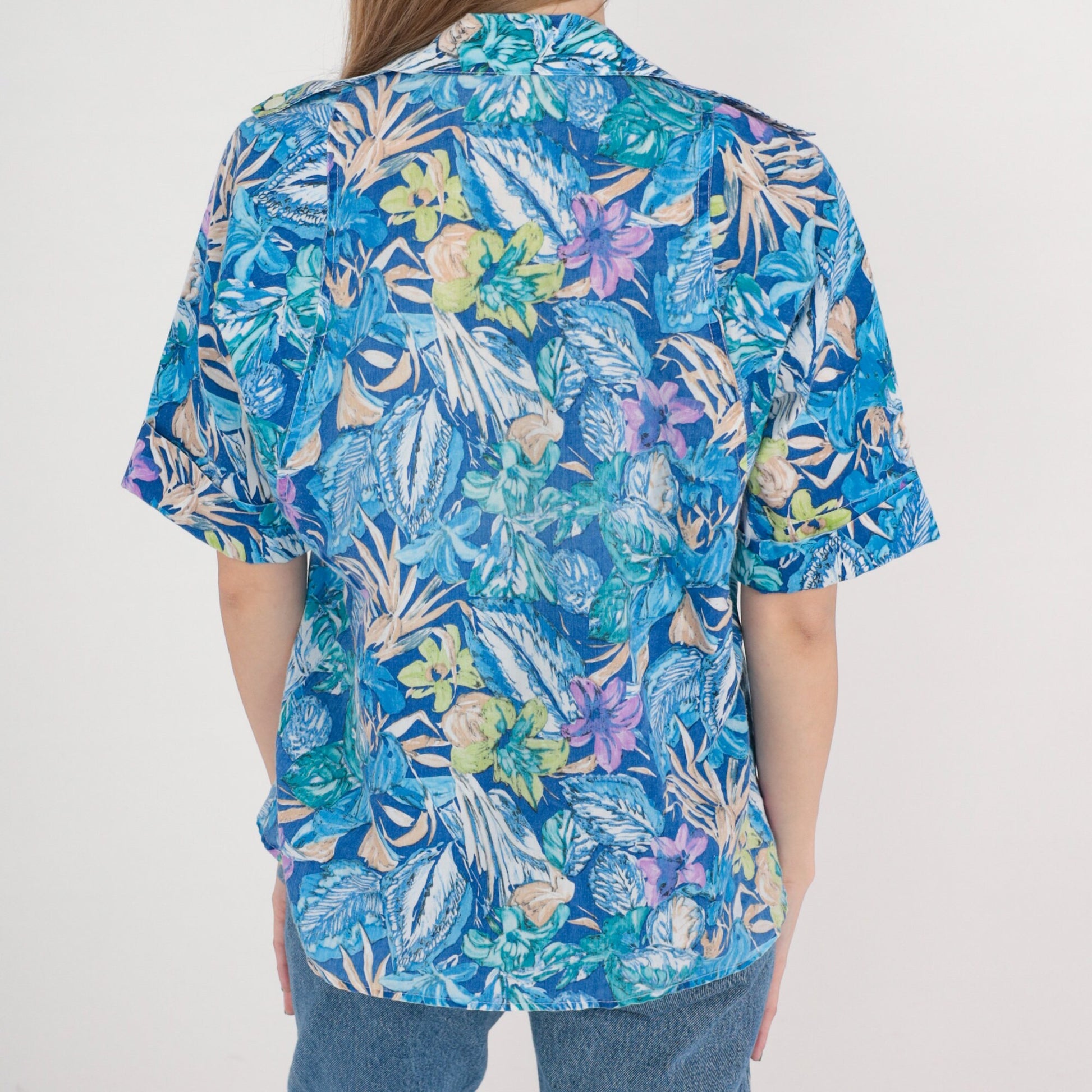 90s Blue Floral Button-Up Blouse Short Cuffed Sleeve Green Purple Leaf Print Medium M