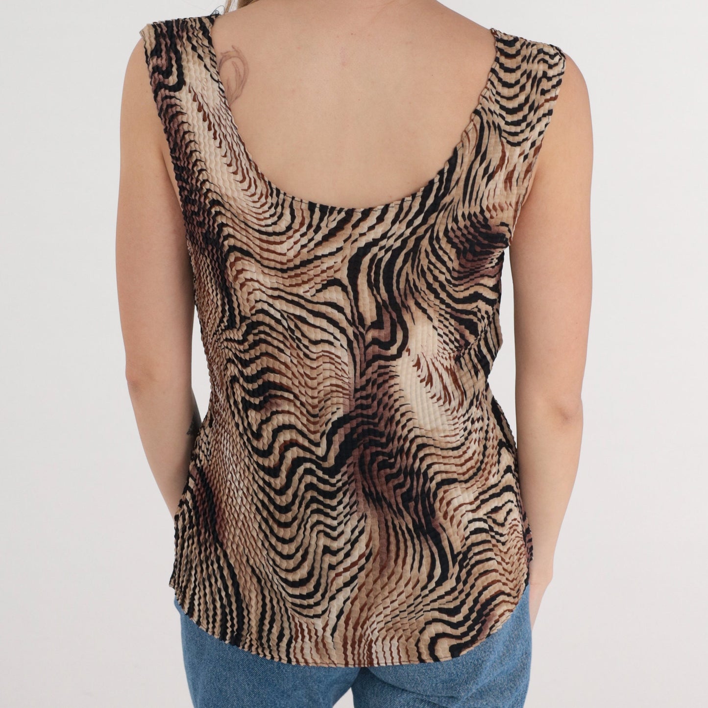 Y2K Pleated Tank Top Psychedelic Animal Print Brown Black Large L