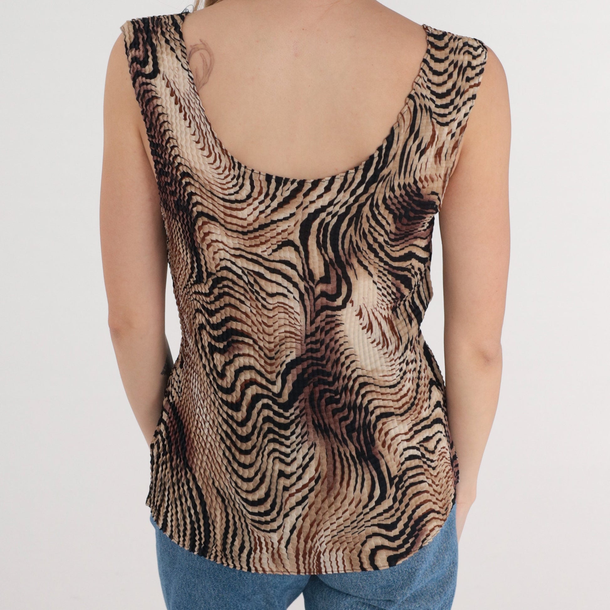 Y2K Pleated Tank Top Psychedelic Animal Print Brown Black Large L