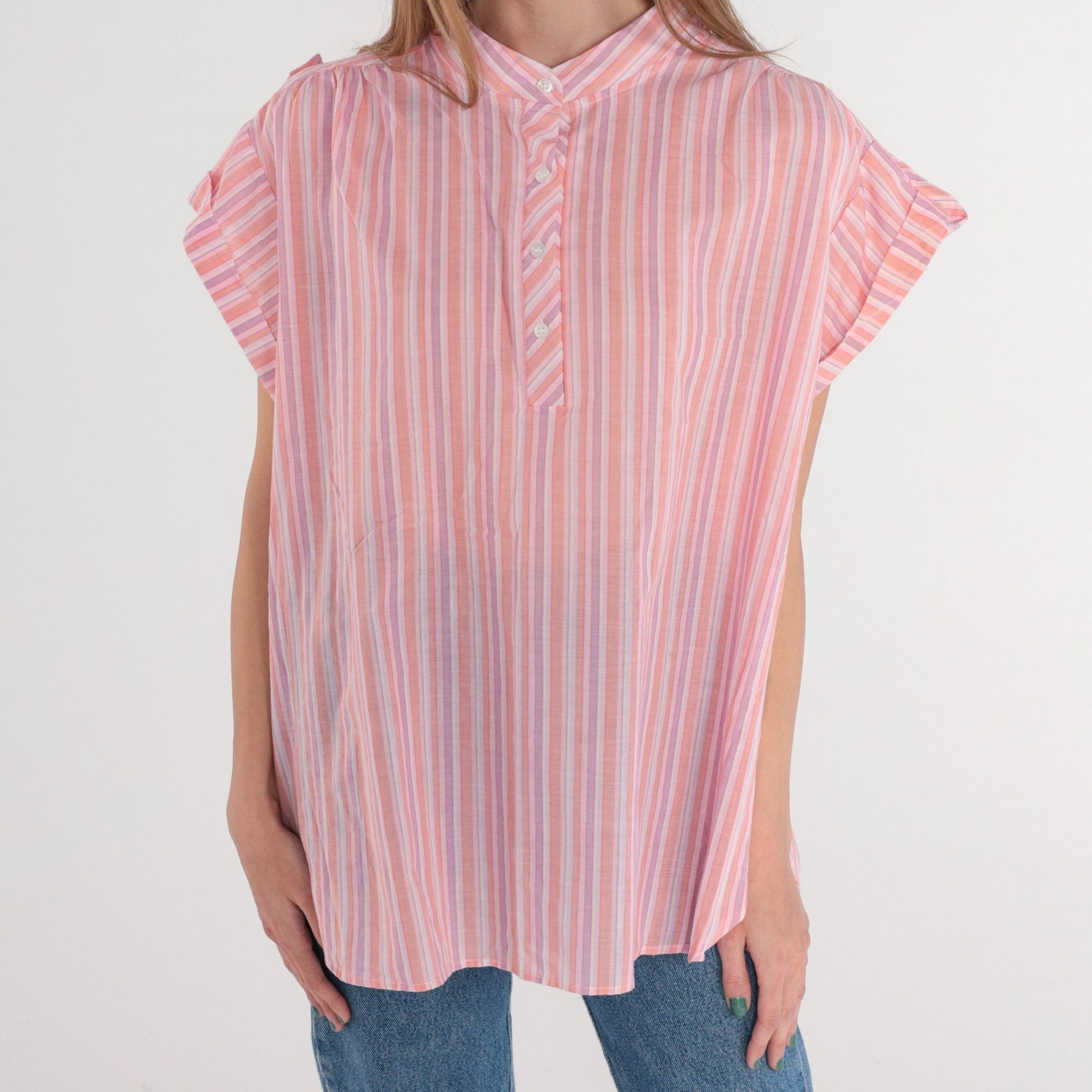 80s Striped Half-Button Blouse Pink Orange Purple Cap Sleeve Extra Large XXL