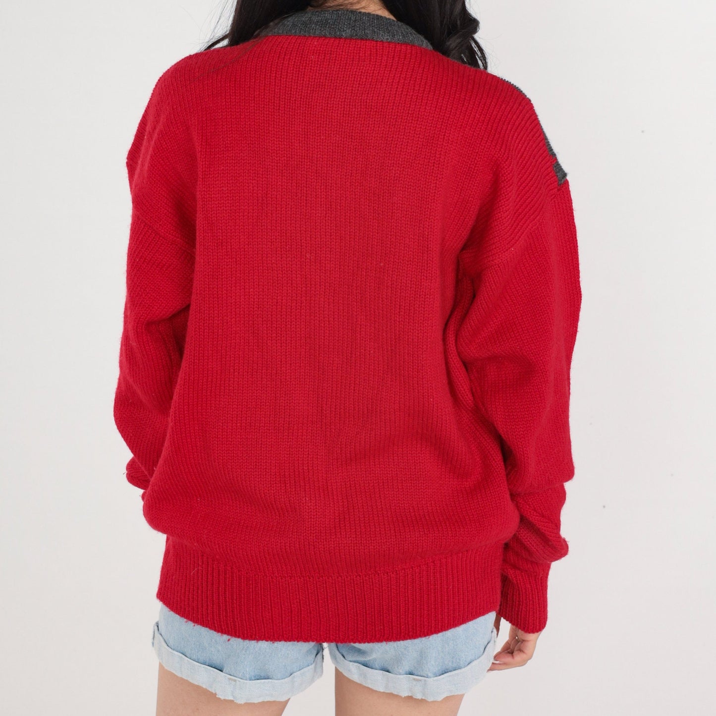 80s Pringle of Scotland Wool Geometric Sweater Red Grey Crewneck Medium