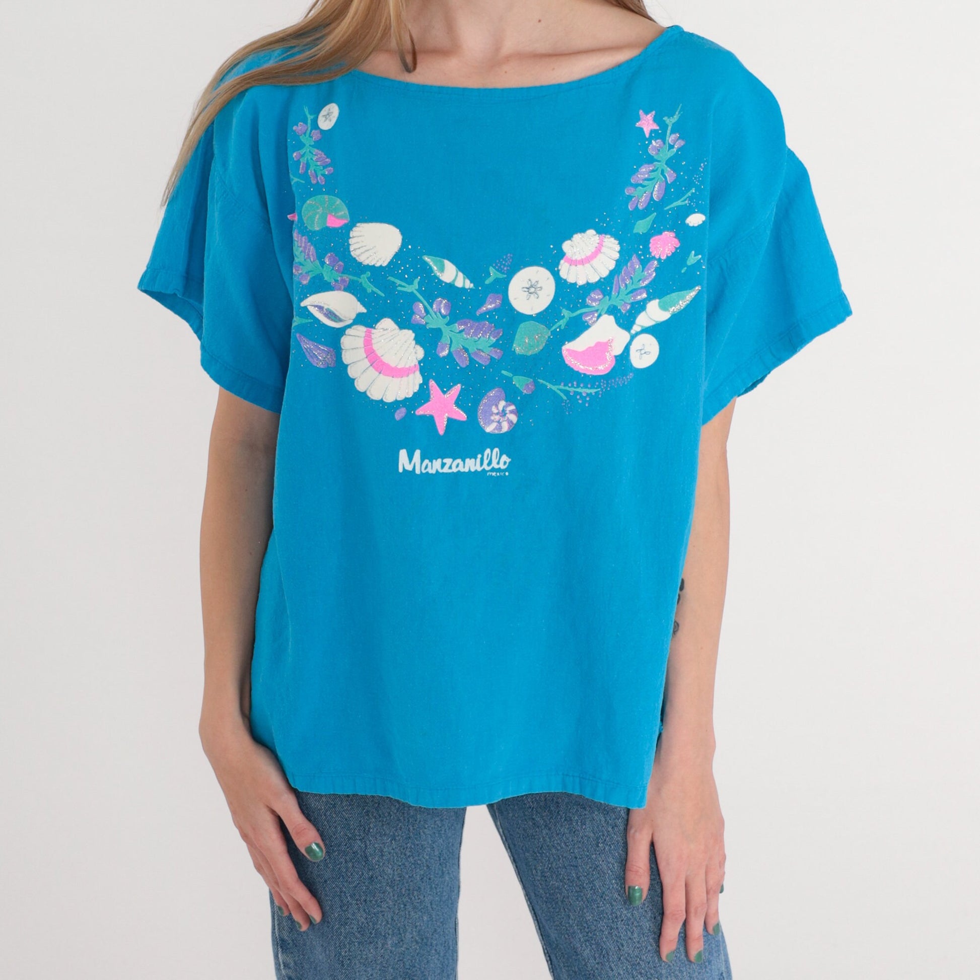 90s Manzanillo Mexico Blue Seashell Starfish Glitter Blouse Extra Large XL