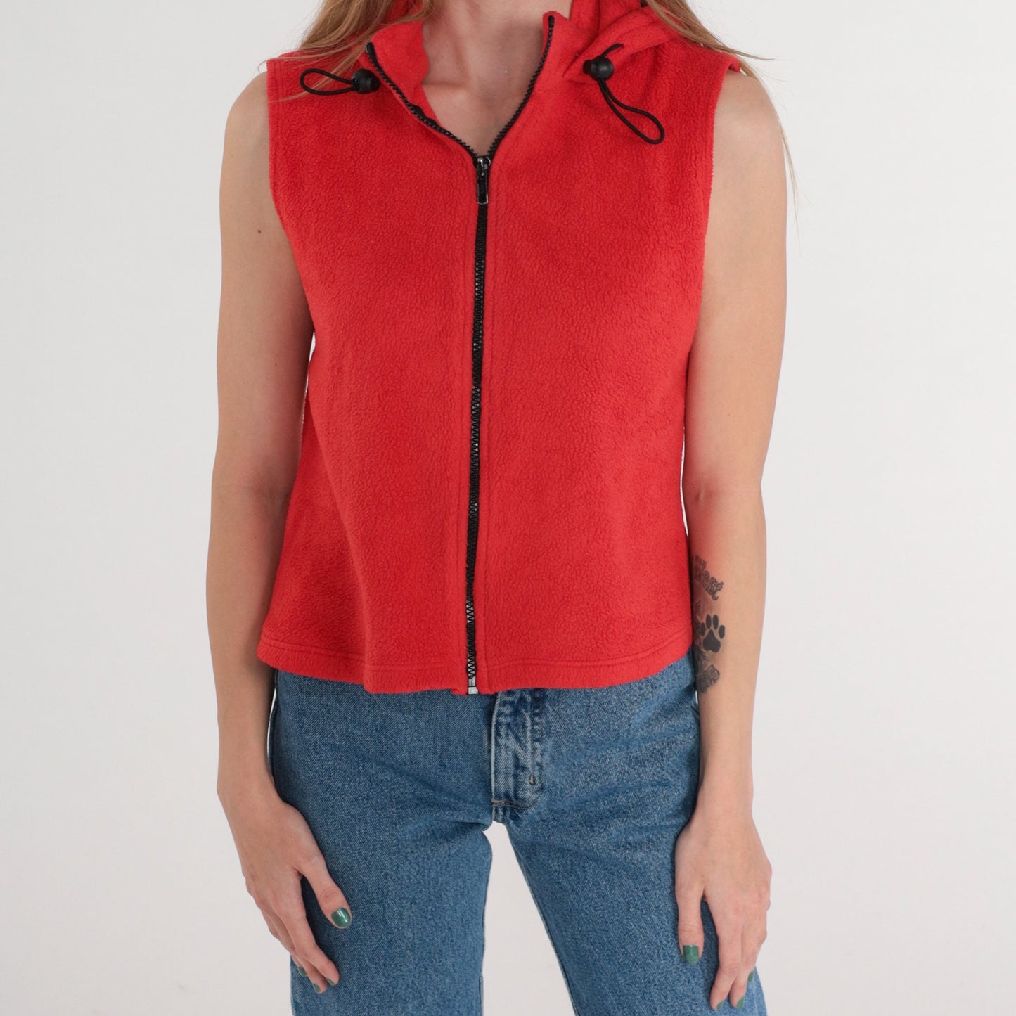 90s Forever 21 Red Fleece Hooded Zip Vest Small