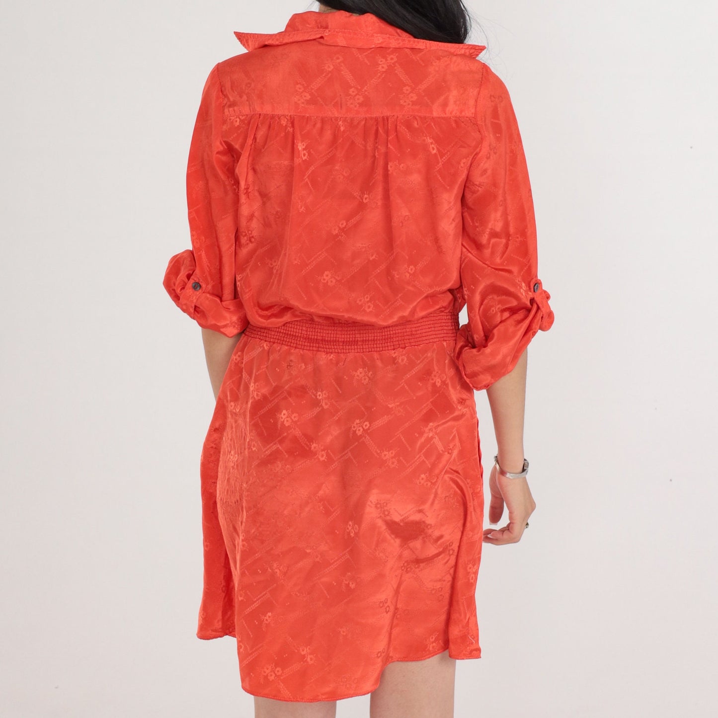70s Irene Kasmer Orange Floral Blouson Mini Dress Smocked Waist Medium M