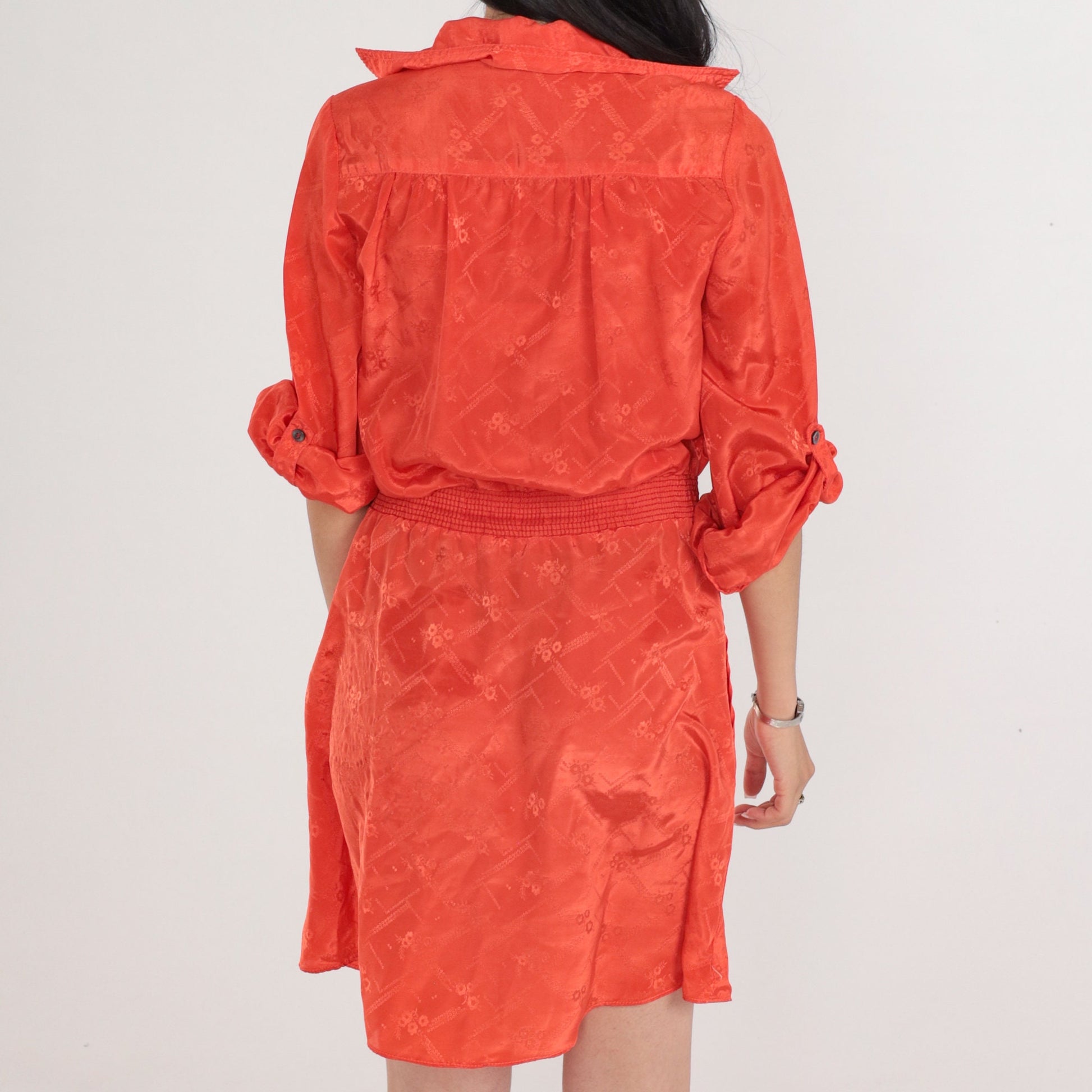 70s Irene Kasmer Orange Floral Blouson Mini Dress Smocked Waist Medium M