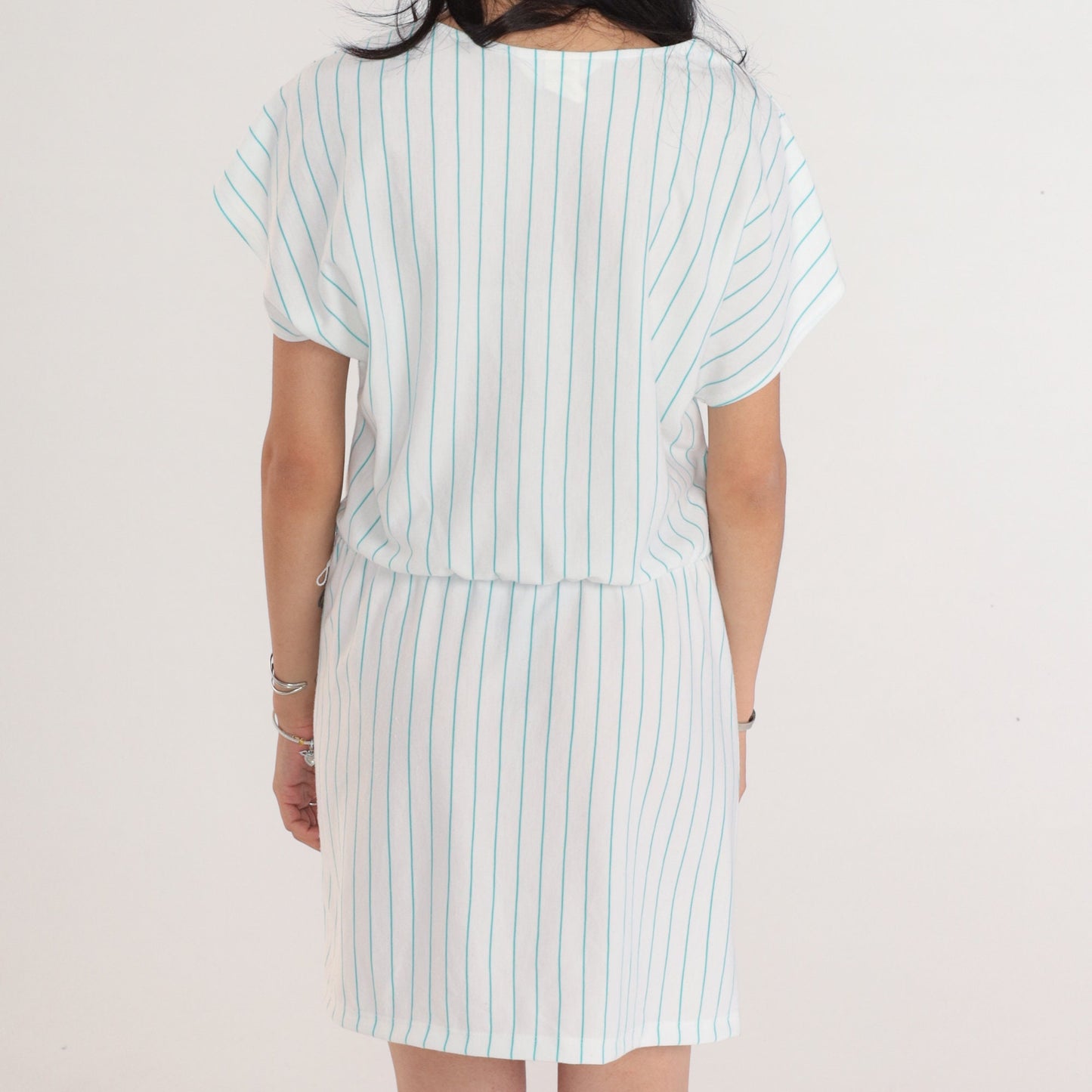 80s White Blue Striped Mini Dress V-Neck Faux Wrap High Waist Medium Large
