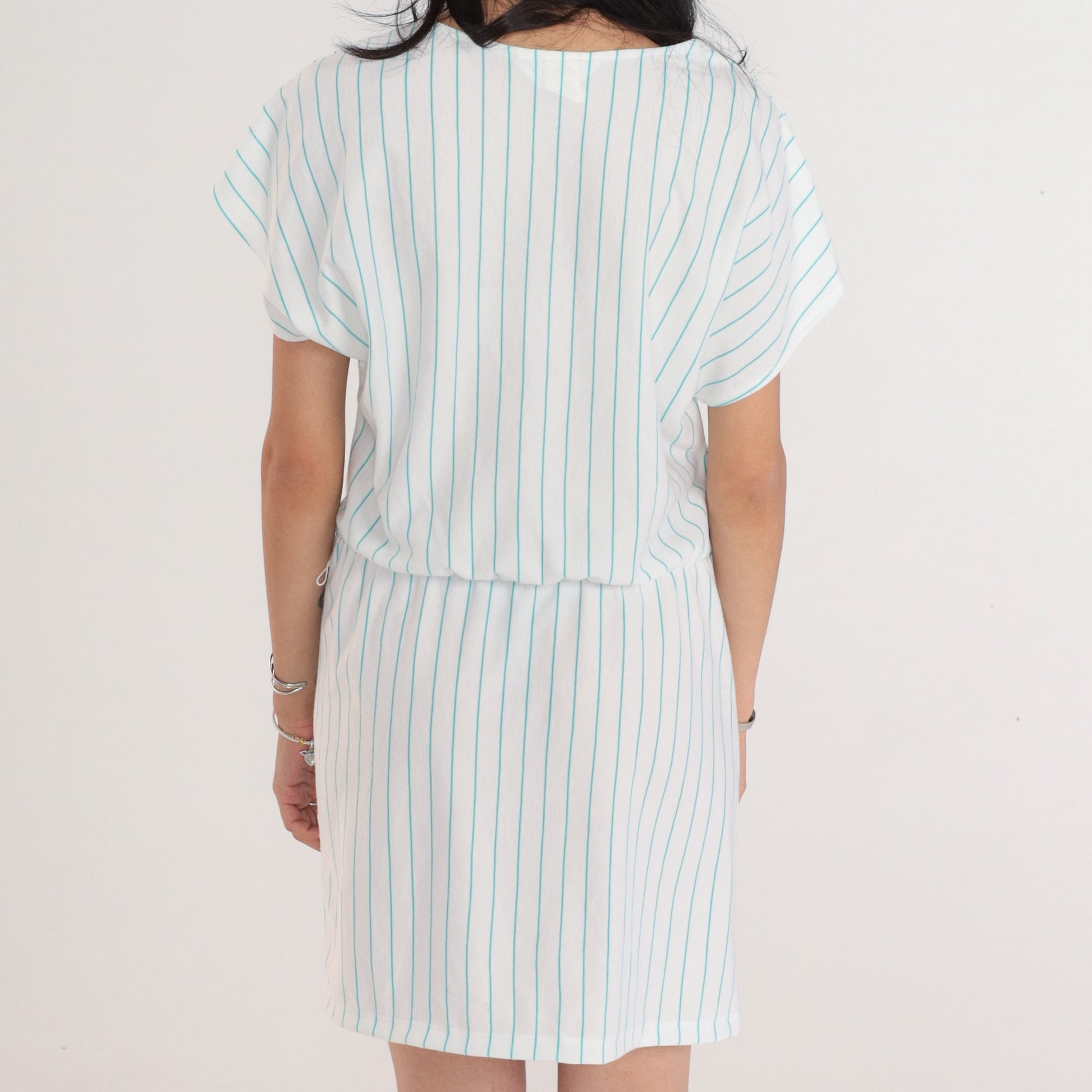 80s White Blue Striped Mini Dress V-Neck Faux Wrap High Waist Medium Large