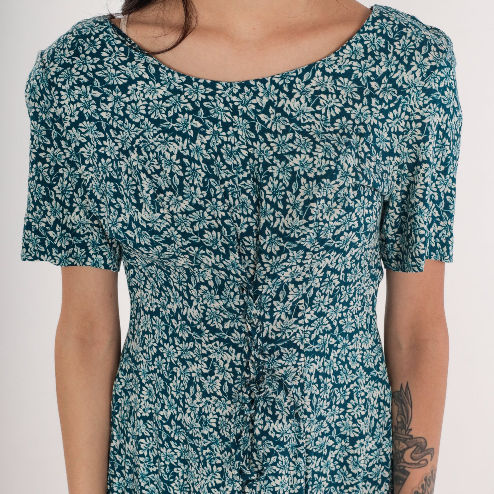 90s Blue Green Ditsy Floral Mini Dress Lace Up Corset Short Sleeve Medium