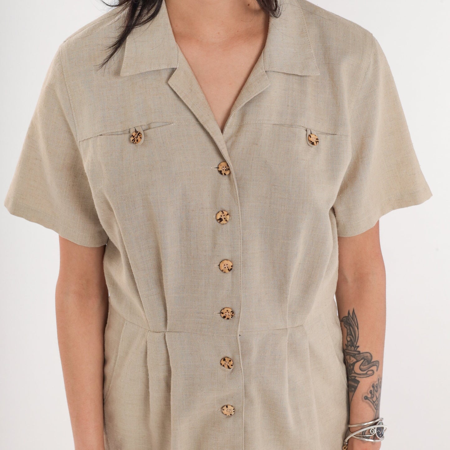90s Tan Linen Button-Up Mini Dress Collared Sheath Petite Medium