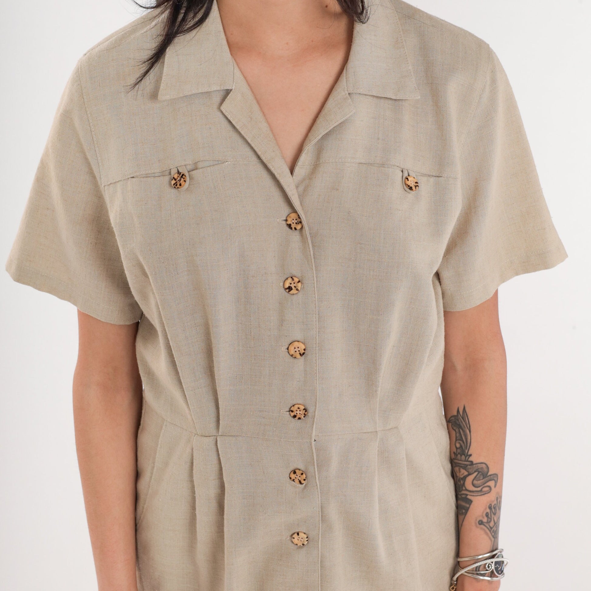 90s Tan Linen Button-Up Mini Dress Collared Sheath Petite Medium
