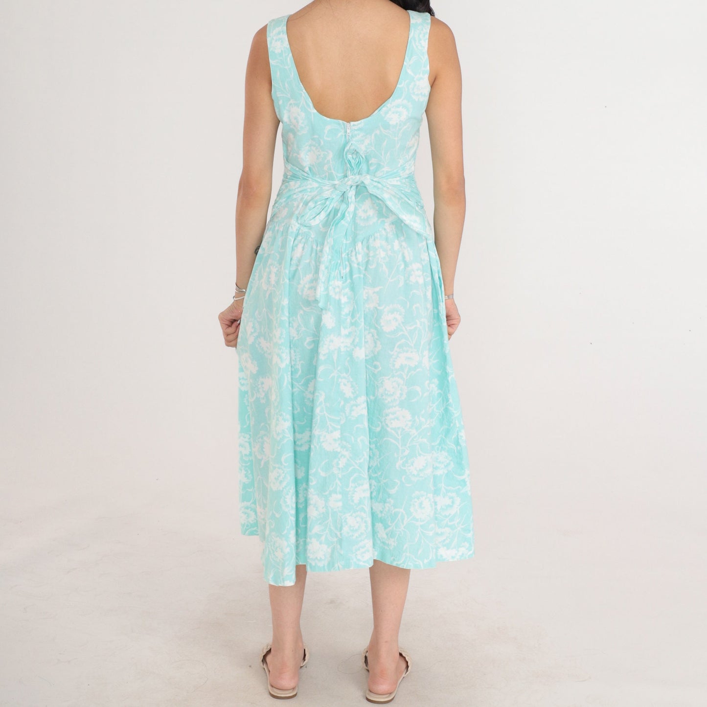 80s Joni Blair Floral Midi Sundress Light Aqua Cotton Basque Waist Small