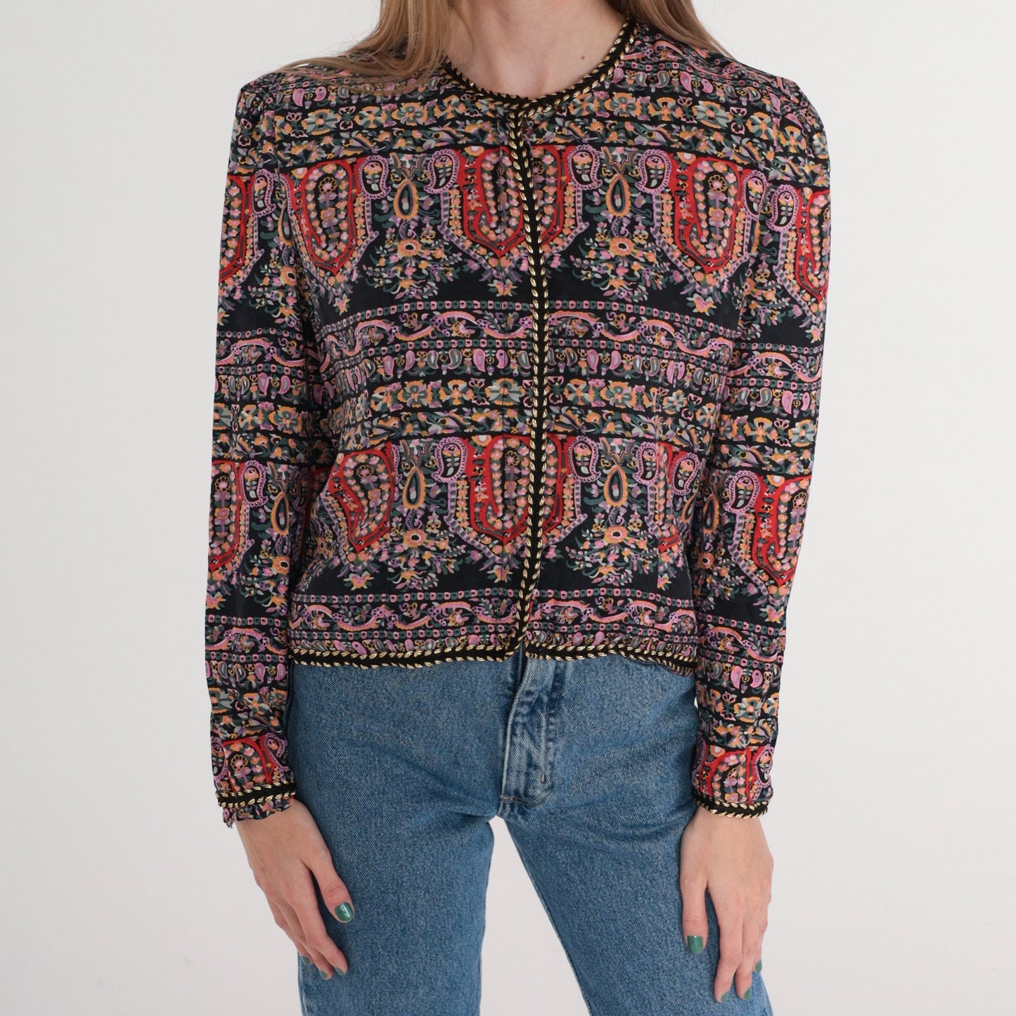 90s Maggie London Silk Blouse Black Paisley Floral Puff Sleeve Medium