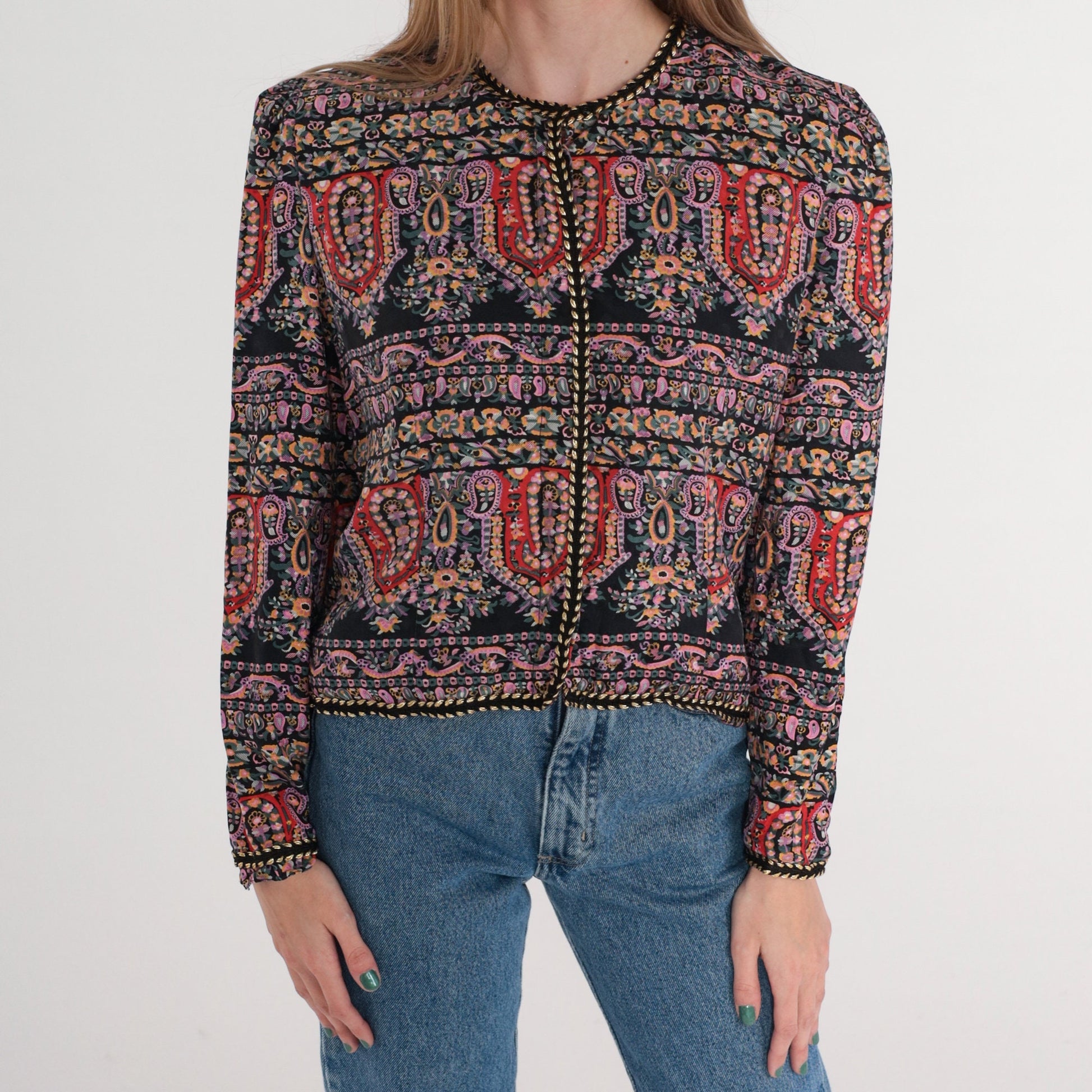 90s Maggie London Silk Blouse Black Paisley Floral Puff Sleeve Medium