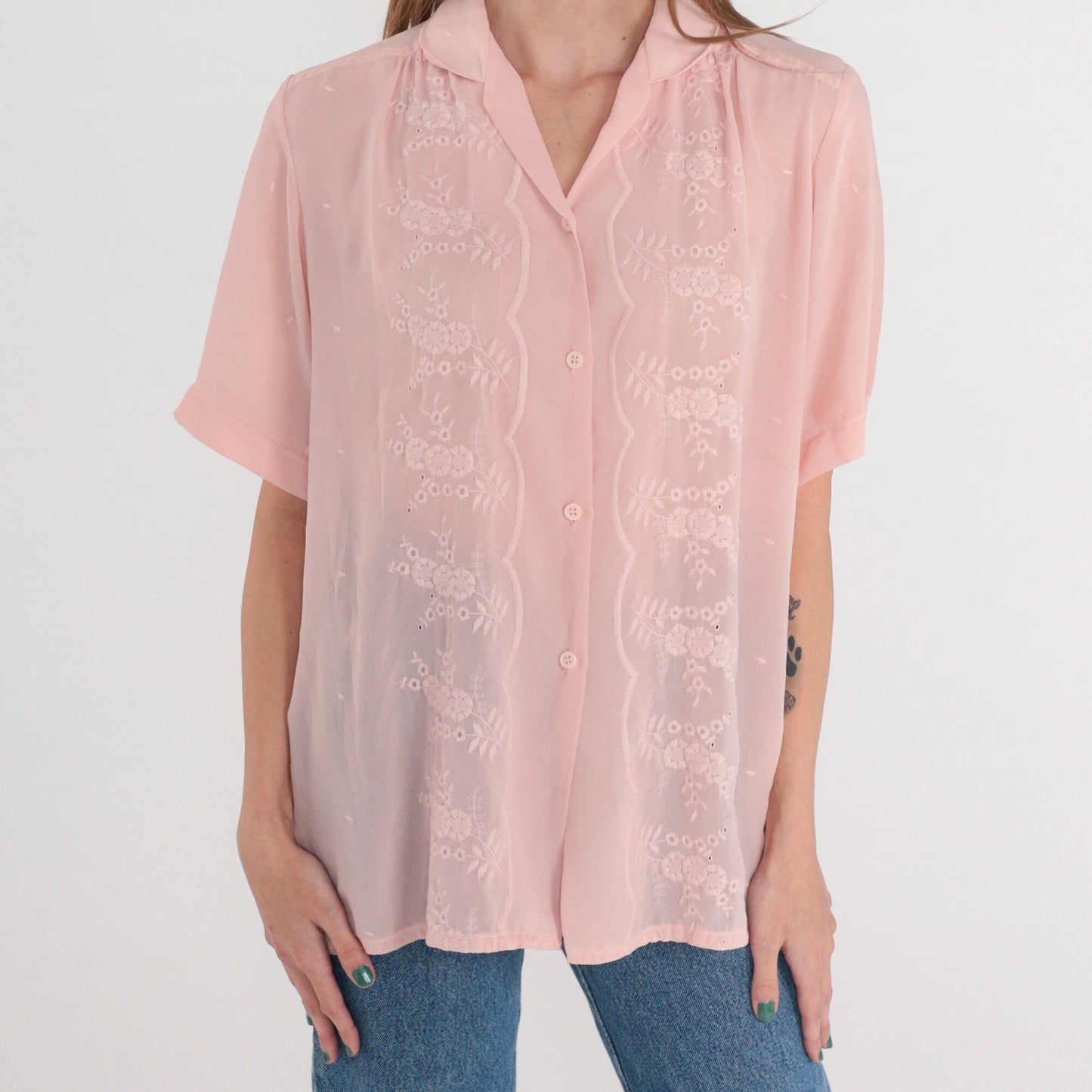 80s Pink Floral Embroidered Blouse Puff Sleeve Button-Up Collared Large