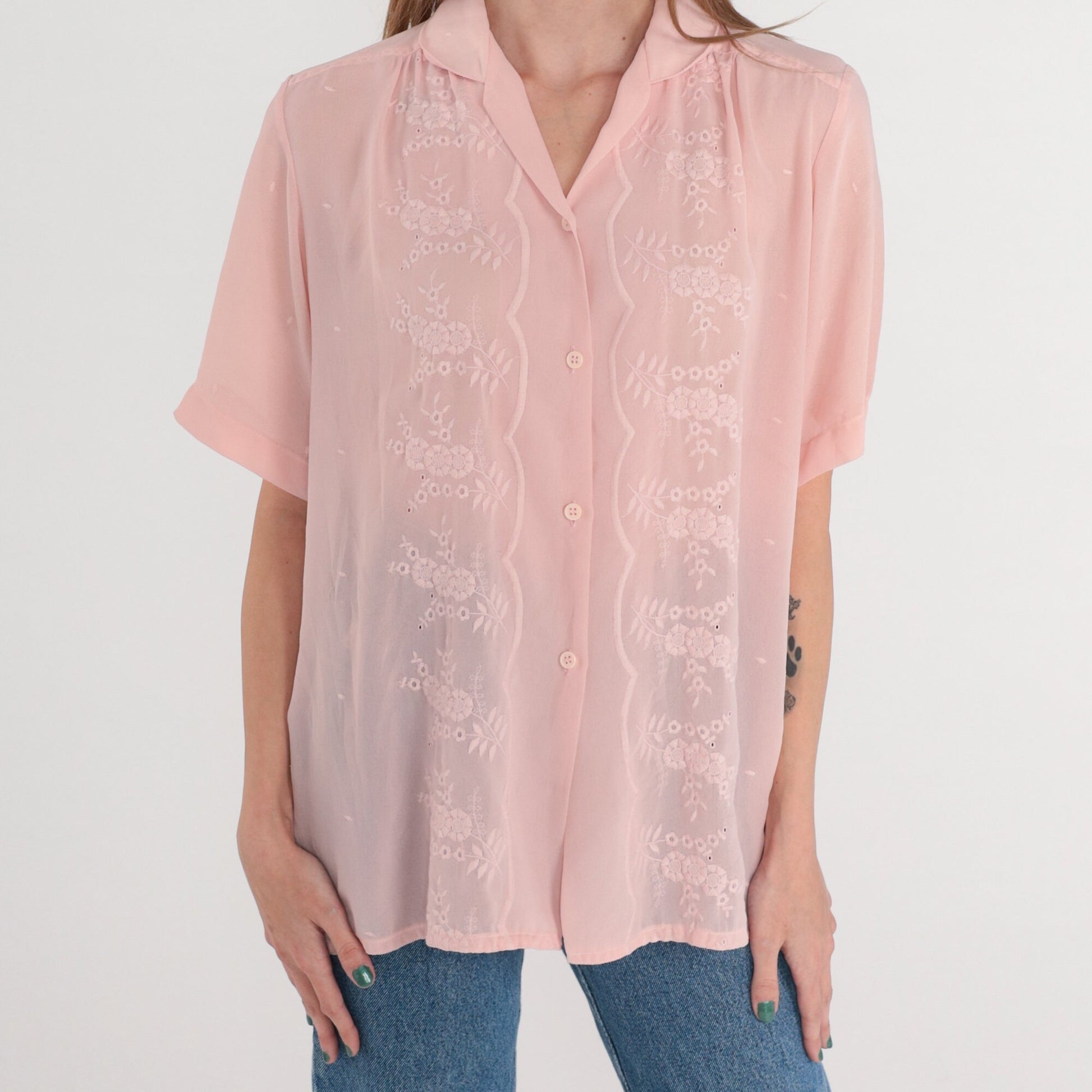 80s Pink Floral Embroidered Blouse Puff Sleeve Button-Up Collared Large